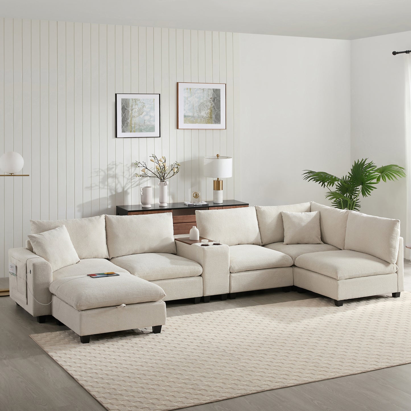 variant-group:rf-n723s1166a|Roomfitters 139 Inch U-Shaped Modular Sectional Sofa with Storage Console, Cup Holders and USB Ports for Living Room, Beige