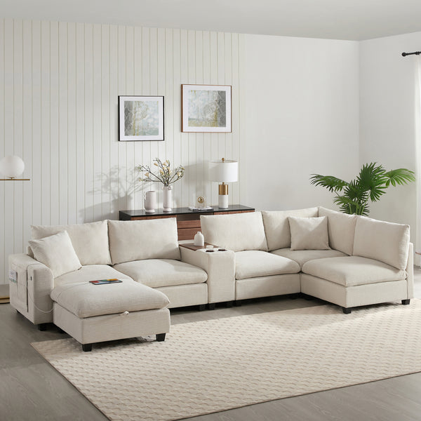 Roomfitters 139 Inch U-Shaped Modular Sectional Sofa with Storage Console, Cup Holders and USB Ports for Living Room