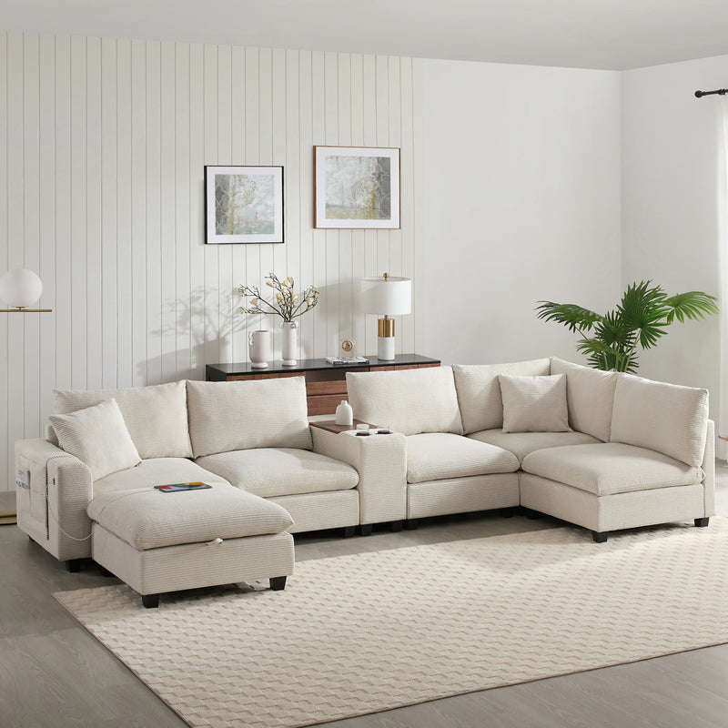 variant-group:rf-n723s1166a|Roomfitters 139 Inch U-Shaped Modular Sectional Sofa with Storage Console, Cup Holders and USB Ports for Living Room, Beige