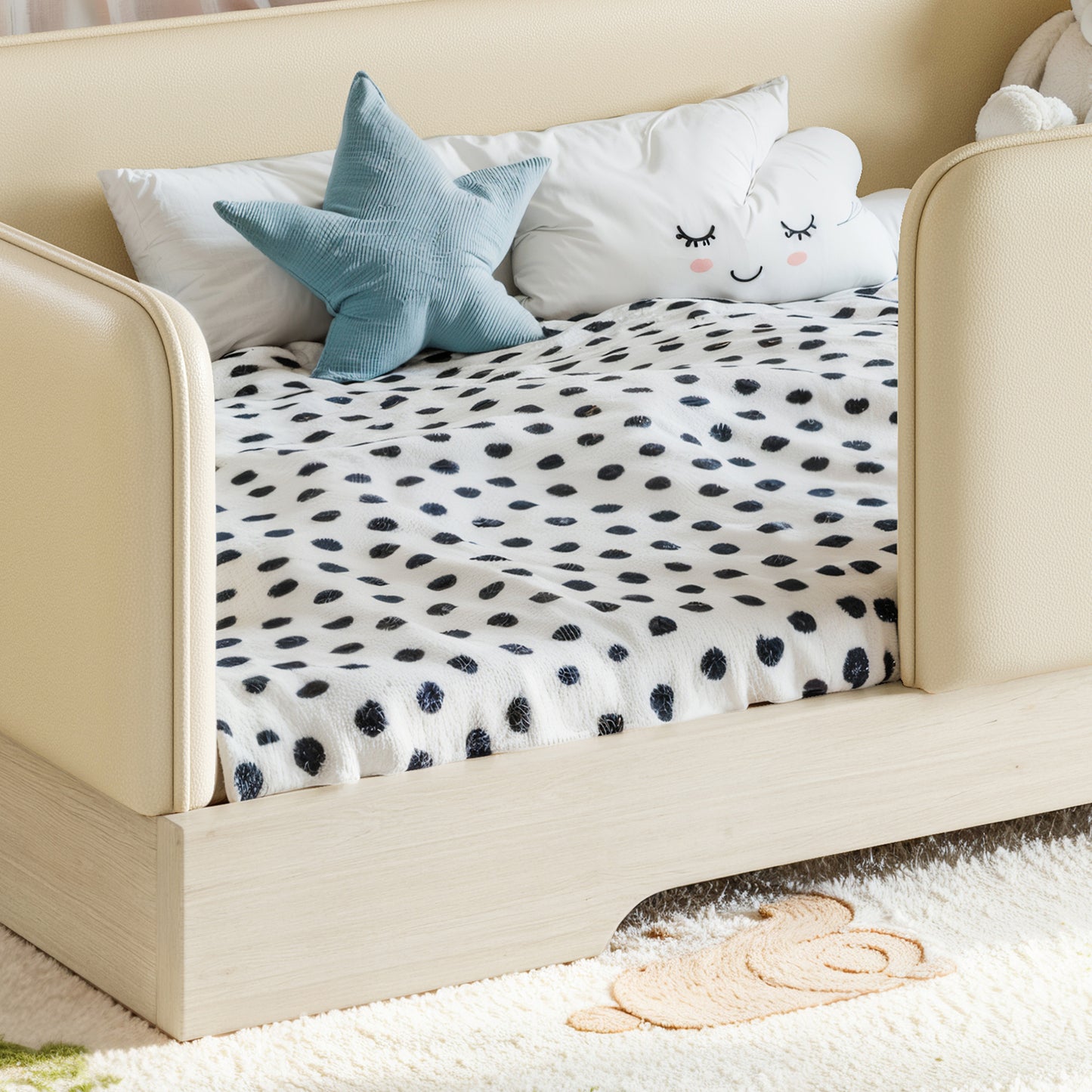 variant-group:rf-w1580p493129|Roomfitters Twin Size Upholstered Floor Bed Frame with Removable Guardrails, Faux Leather Low Profile Platform, Beige
