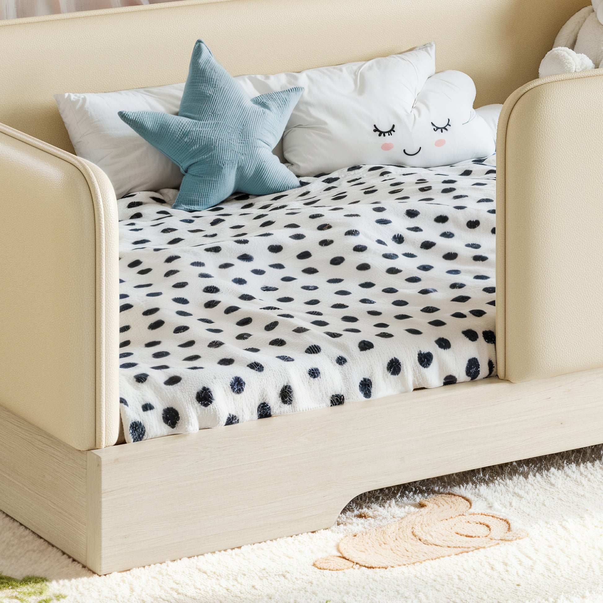 variant-group:rf-w1580p493129|Roomfitters Twin Size Upholstered Floor Bed Frame with Removable Guardrails, Faux Leather Low Profile Platform, Beige