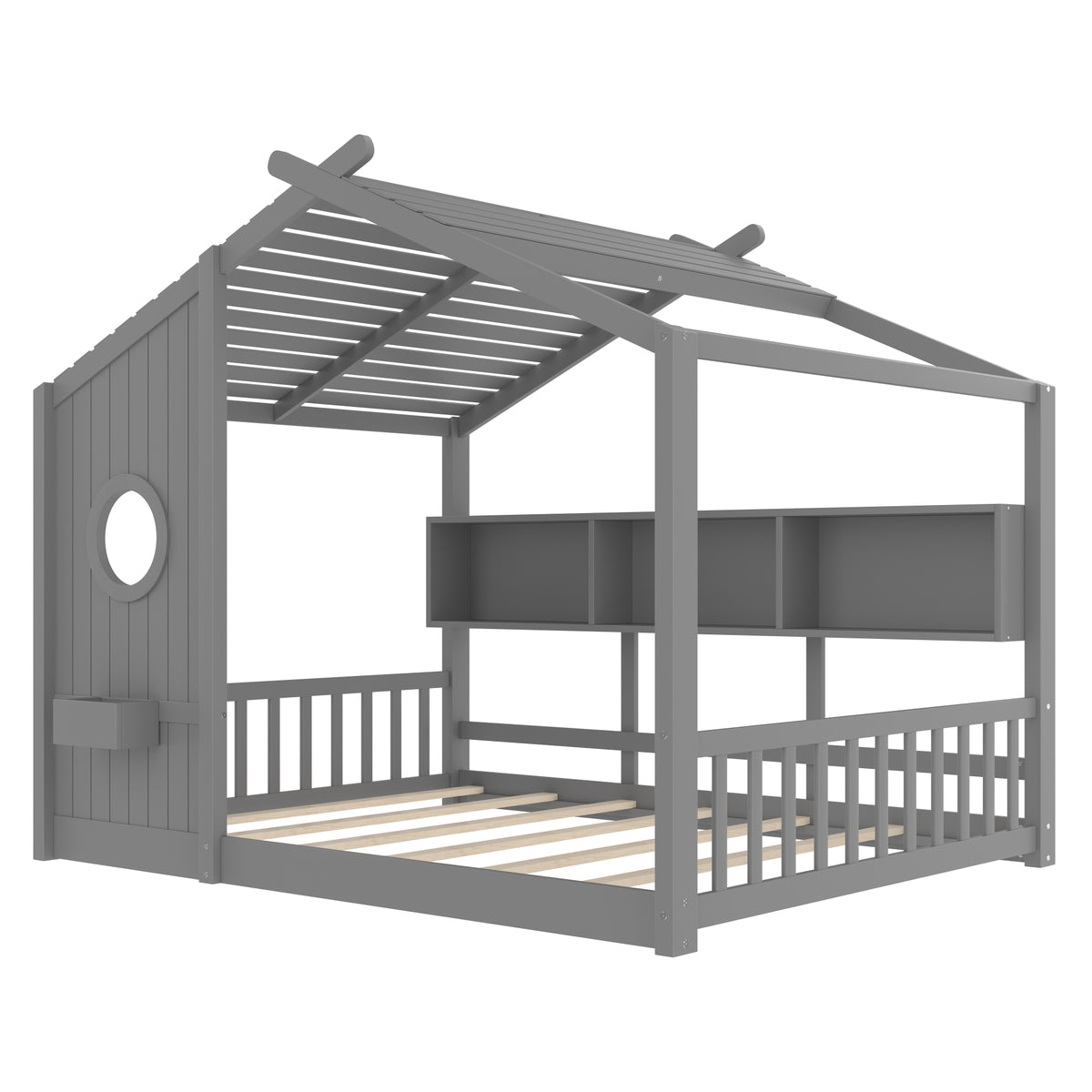 variant-group:rf-n733p335068e|Roomfitters Full Size Floor House Bed with Storage Shelf and Roof Design, Montessori Playhouse Bed, Gray