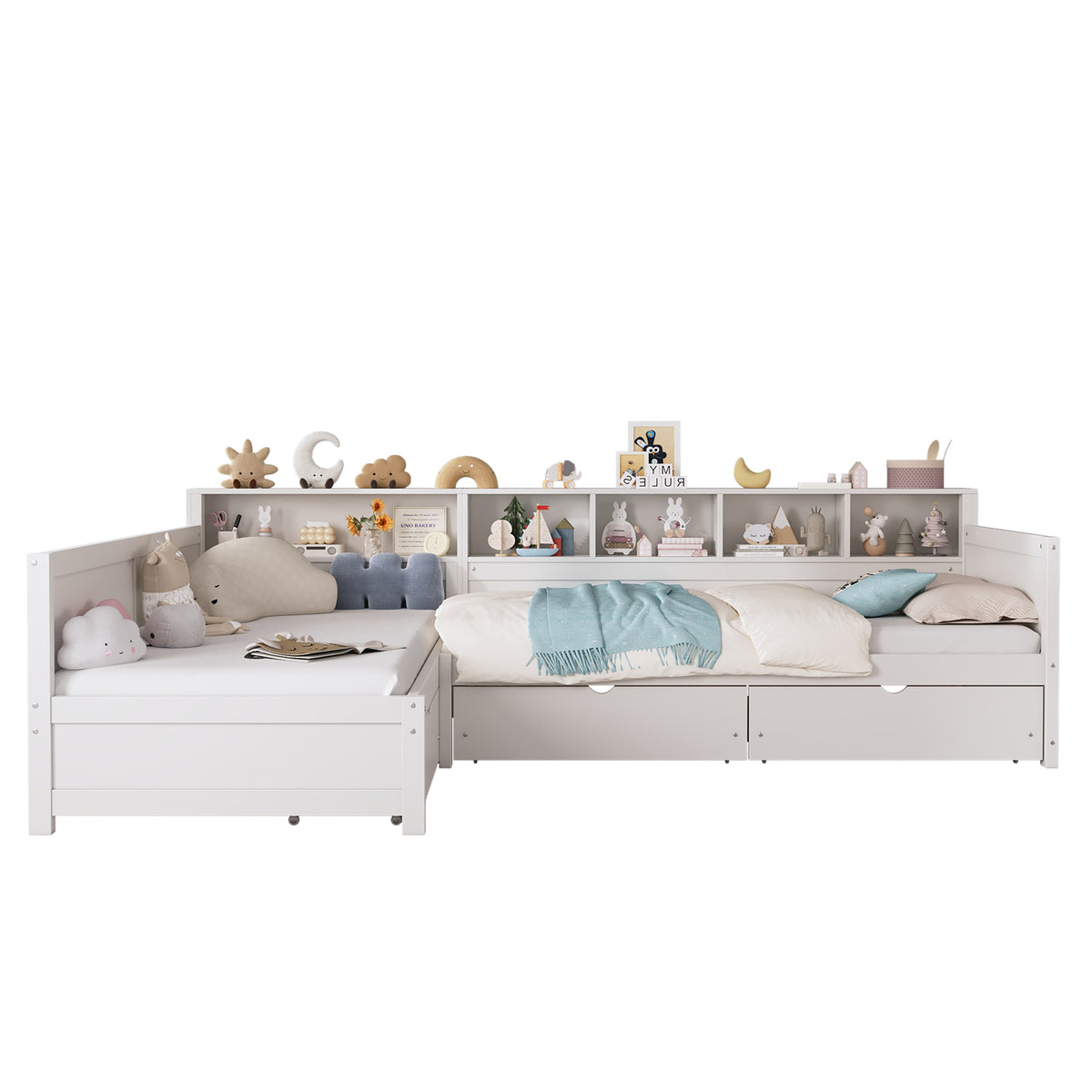 variant-group:rf-n733s369272k|Roomfitters Twin L-Shaped Daybed for 2 with 3 Storage Drawers, Wooden Corner Bed Frame with Bookshelf for Bedroom, White