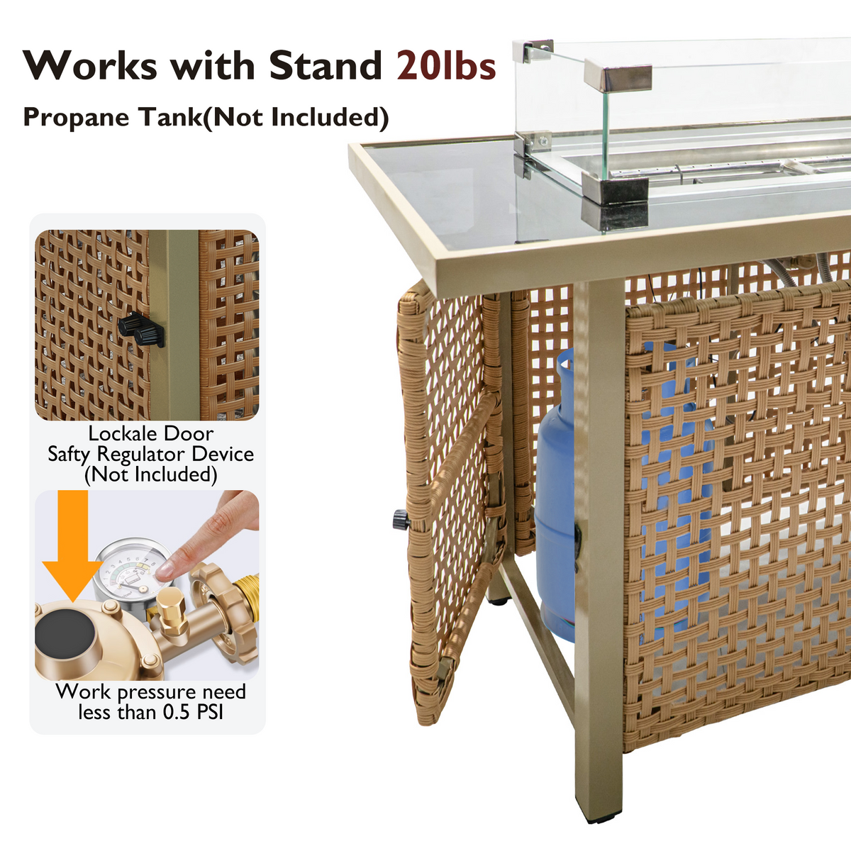 variant-group:rf-n707p210158z|Roomfitters 43" Propane Fire Pit Table, 60,000 BTU Rectangular Wicker Fire Pit with Glass Wind Guard for Patio, Natural