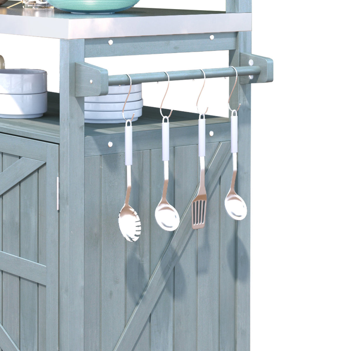 variant-group:rf-n707p250628g|Roomfitters 53.3" Outdoor Kitchen Island with Raised Shelf, Wood Storage Cabinet, Stainless Steel Top, Rolling Grill Cart, Grey Blue
