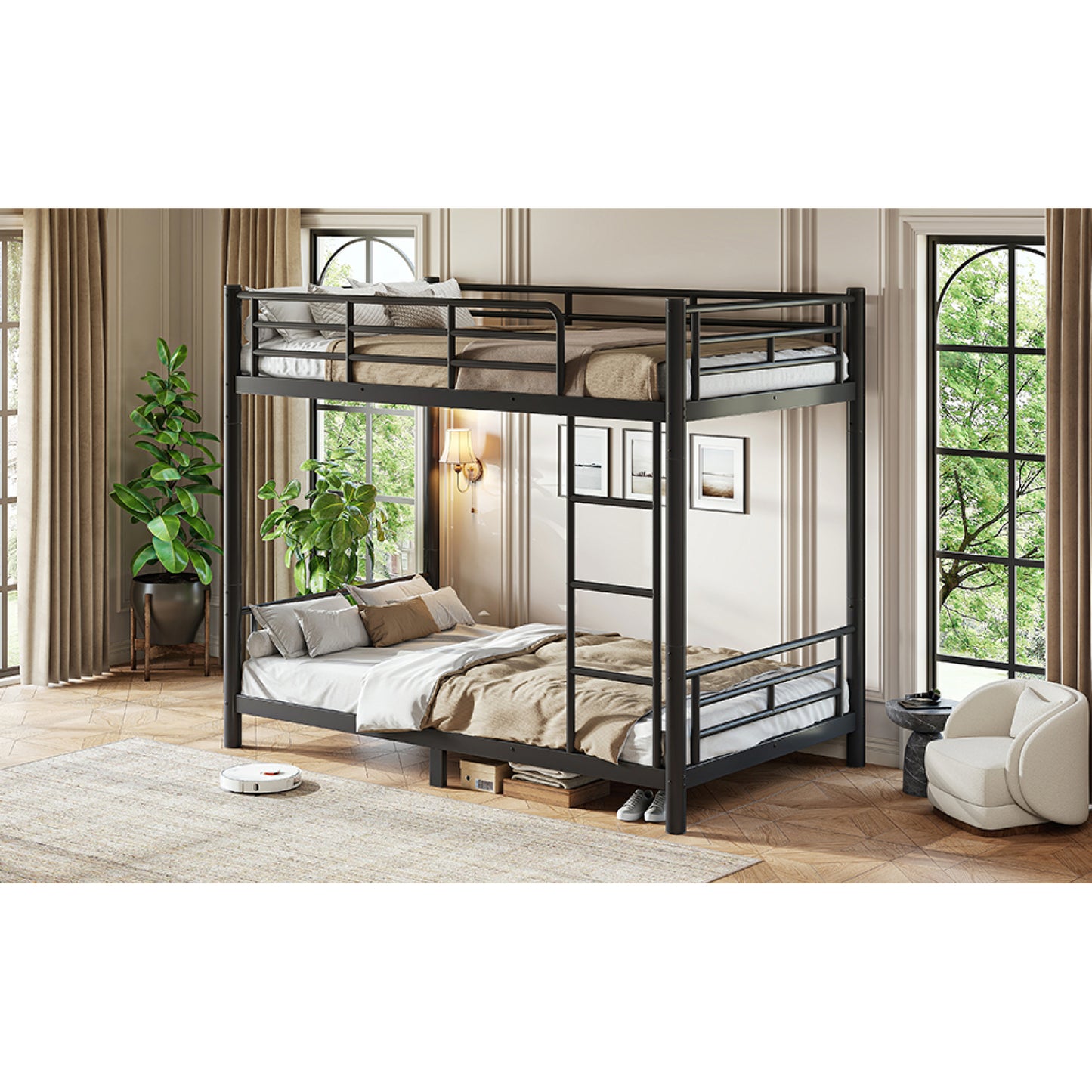 variant-group:rf-w1580p454721|Roomfitters Twin XL over Twin XL Metal Bunk Bed Frame for Teens Adults, Convertible 2 Separate Beds Round Tube, Black