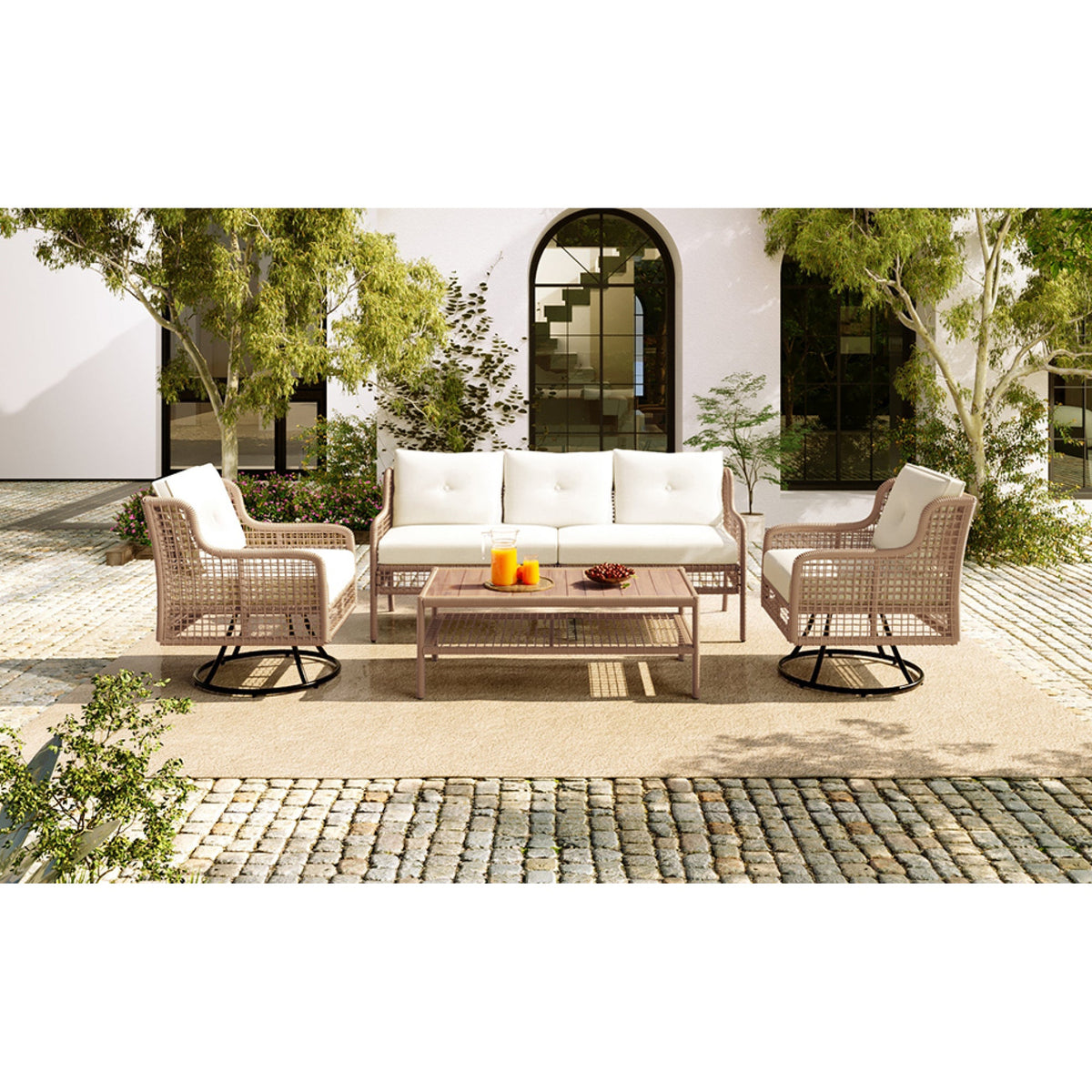 Roomfitters 4-Piece Patio Furniture Set with 360-Degree Swivel Rocking Chairs and Storage Coffee Table Beige Roomfitters