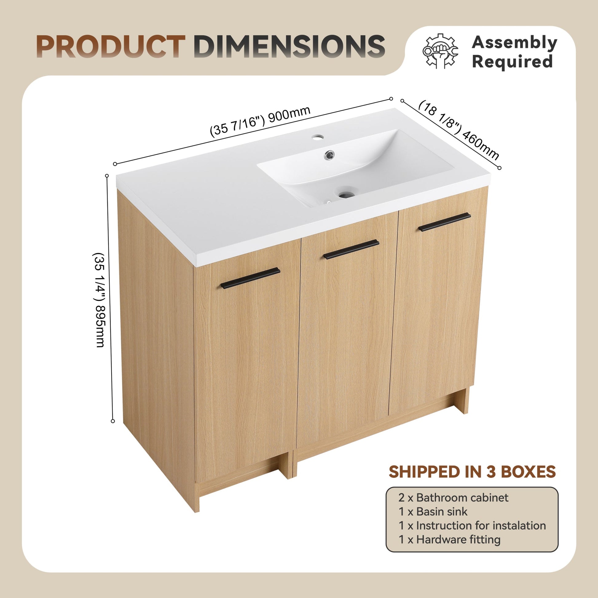 36" Modular Freestanding Bathroom Vanity with 36" Resin Sink Top, Light Oak, 2-Piece Cabinet (24" 2-Door + 12" 1-Door), KD Cabinet, Includes Black & Brushed Aluminum Handles Roomfitters
