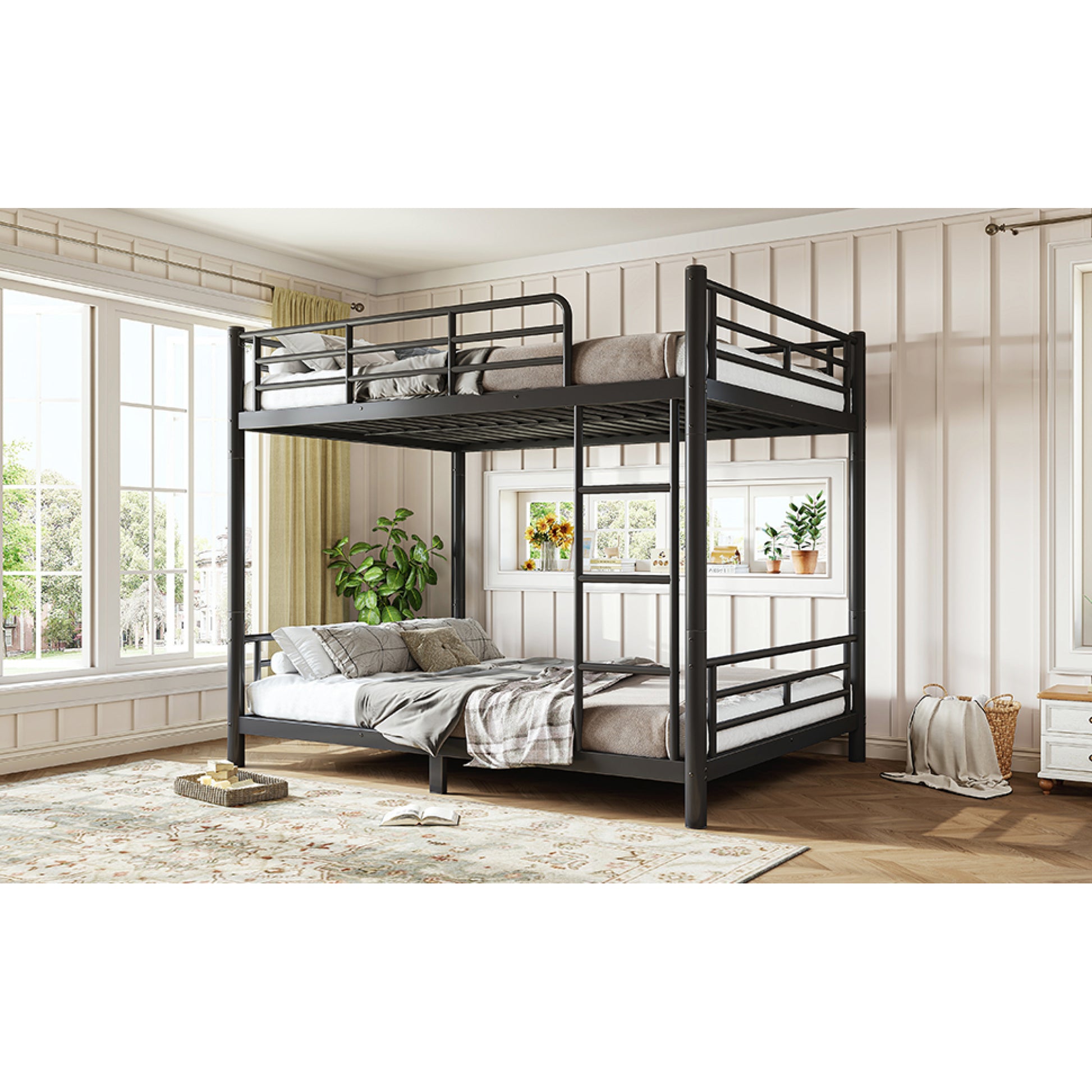 variant-group:rf-w1580p454730|Roomfitters Full over Full Metal Bunk Bed Frame for Teens Adults, Convertible 2 Separate Beds Round Tube, Black