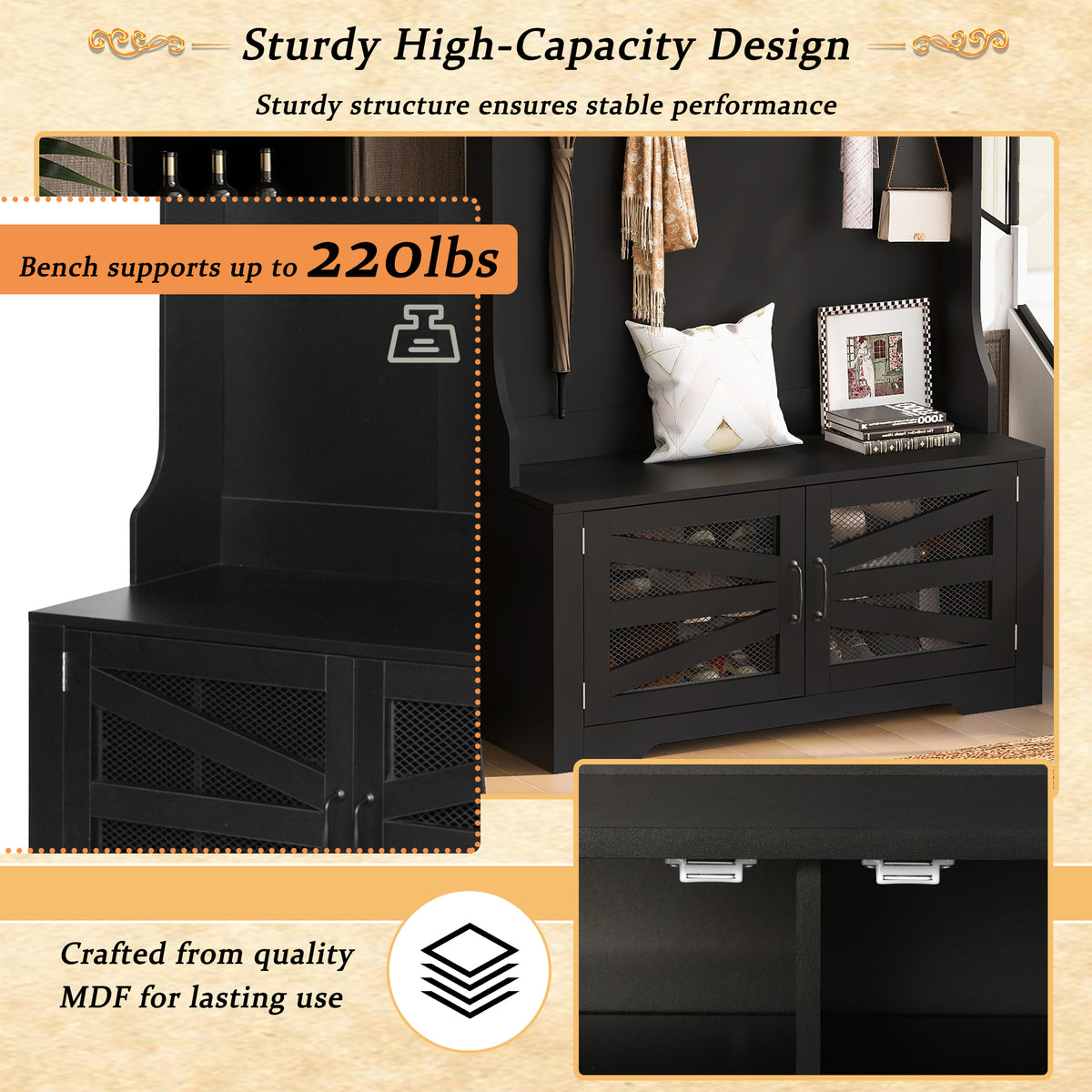 variant-group:rf-n724p264668b|Roomfitters 3-in-1 Entryway Bench with Coat Rack, Adjustable Shelves and 7 Hooks, 43.3" Hall Tree for Entrance or Living Room, Black