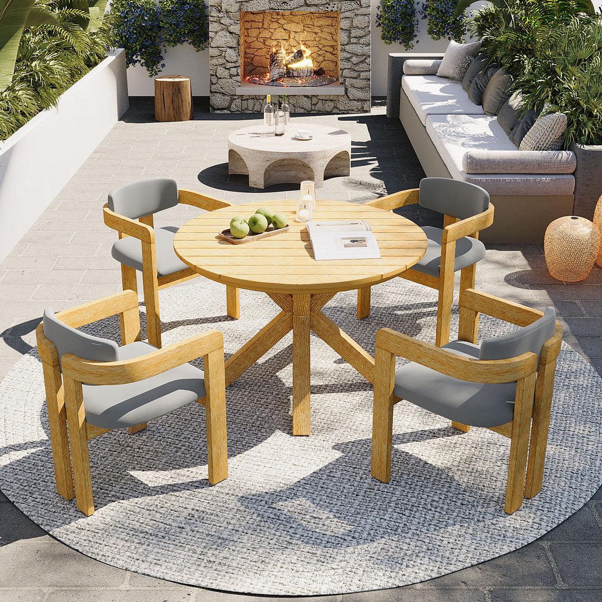 variant-group:rf-n704g201258l|Roomfitters 5-Piece Outdoor Acacia Wood Round Dining Set with Ergonomic Barrel Armchairs Gray Cushions