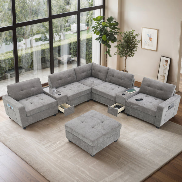 Roomfitters 104 Inch Modular Sectional Sofa with Console and Cup Holders, Upholstered L-Shape Couch for Home Decor, Gray
