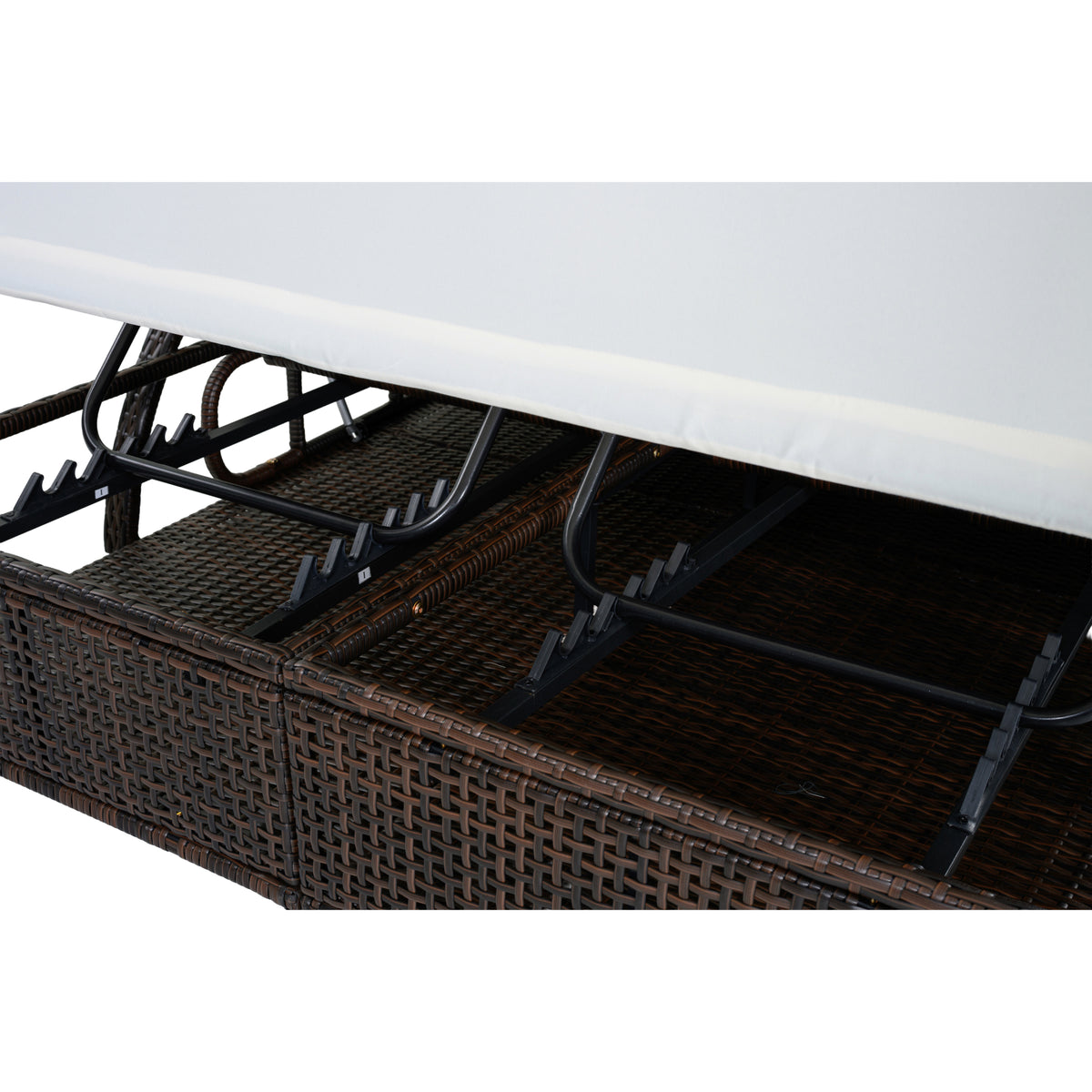 variant-group:rf-n711wy000485aaa|Roomfitters Beige HDPE Wicker Outdoor Double Sunbed, Steel Frame Patio Chaise, Hidden Side Tables, Canopy Shade