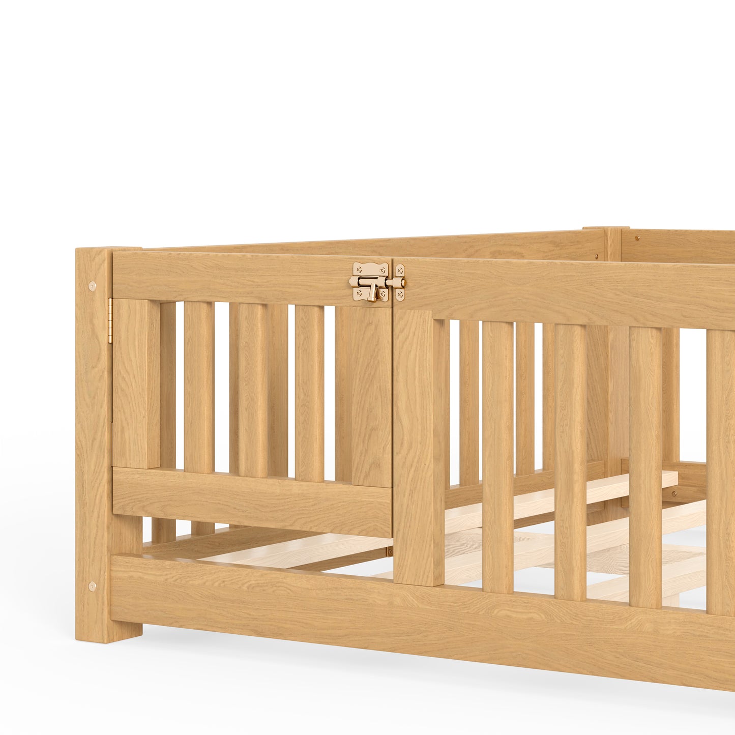 variant-group:rf-w1580p462325|Roomfitters Queen Size Wooden Floor Bed Frame with Safety Guardrails Door, Solid Wood Low Profile Toddler Play Bed, Natural