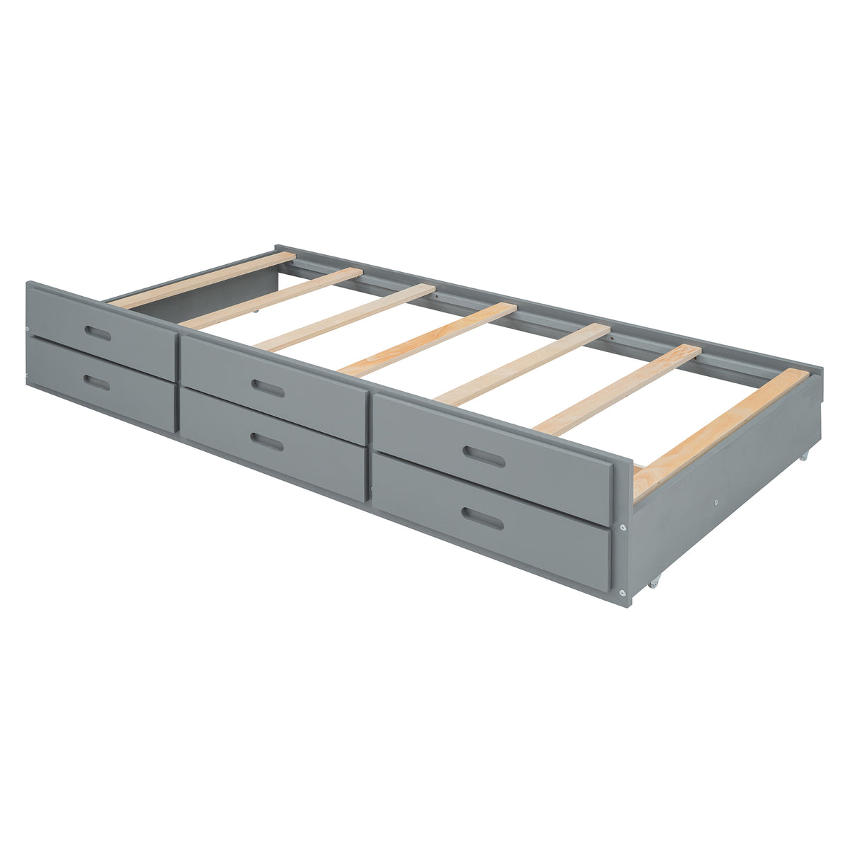 variant-group:rf-n733s172839e|Roomfitters Twin Size Wooden Bed with Storage Headboard, Convenient Outlets, Extendable Frame with Twin Trundle and Ample Storage, Gray