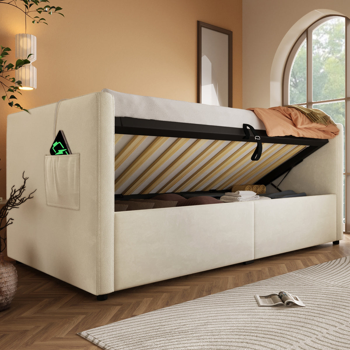 variant-group:rf-n736p303402b|Roomfitters Upholstered Twin Size Daybed with Storage, USB & Type-C Charging, Tufted Sofa Back, Velvet Beige
