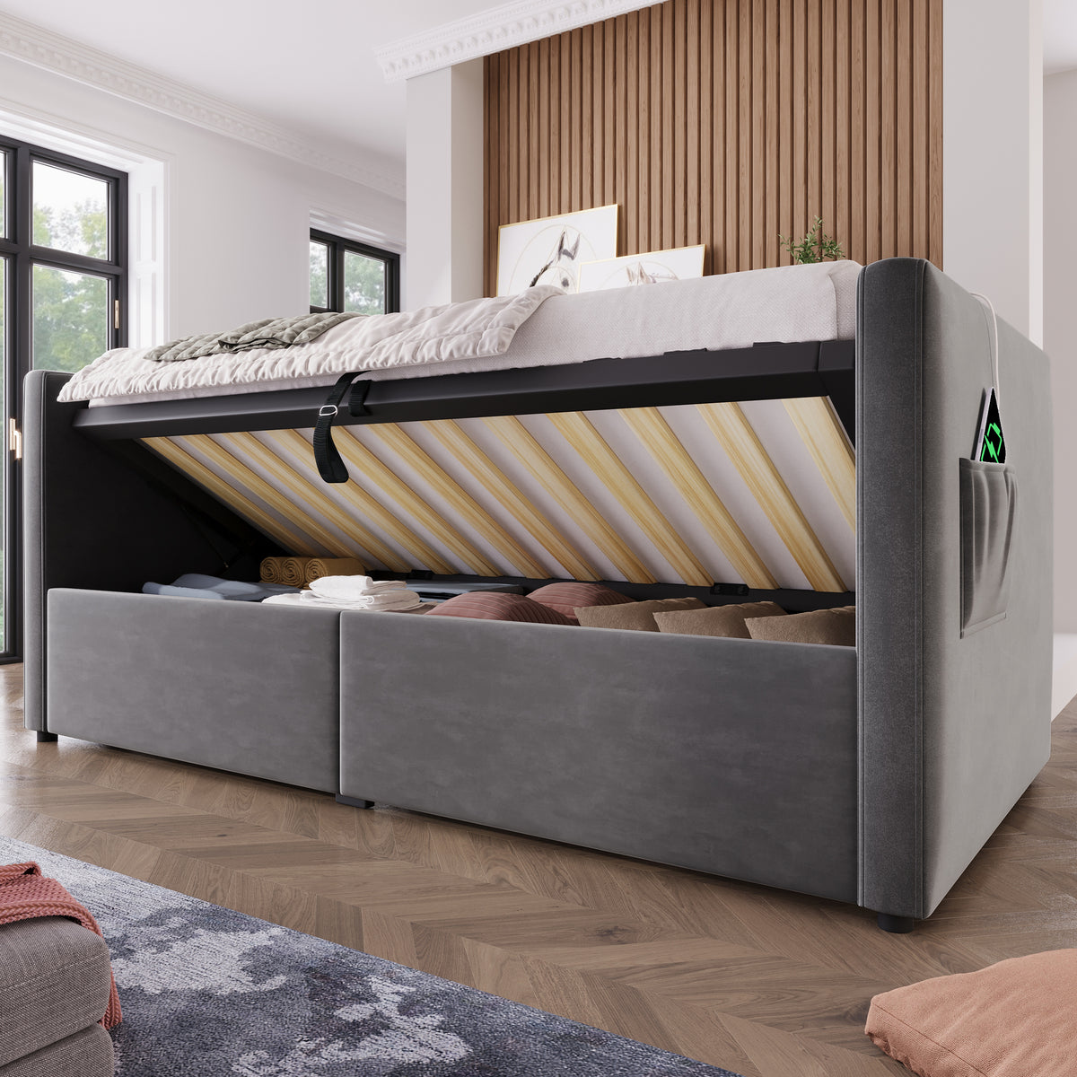 variant-group:rf-n736p303402g|Roomfitters Upholstered Twin Size Daybed with Storage, USB & Type-C Charging, Tufted Sofa Back, Velvet Gray