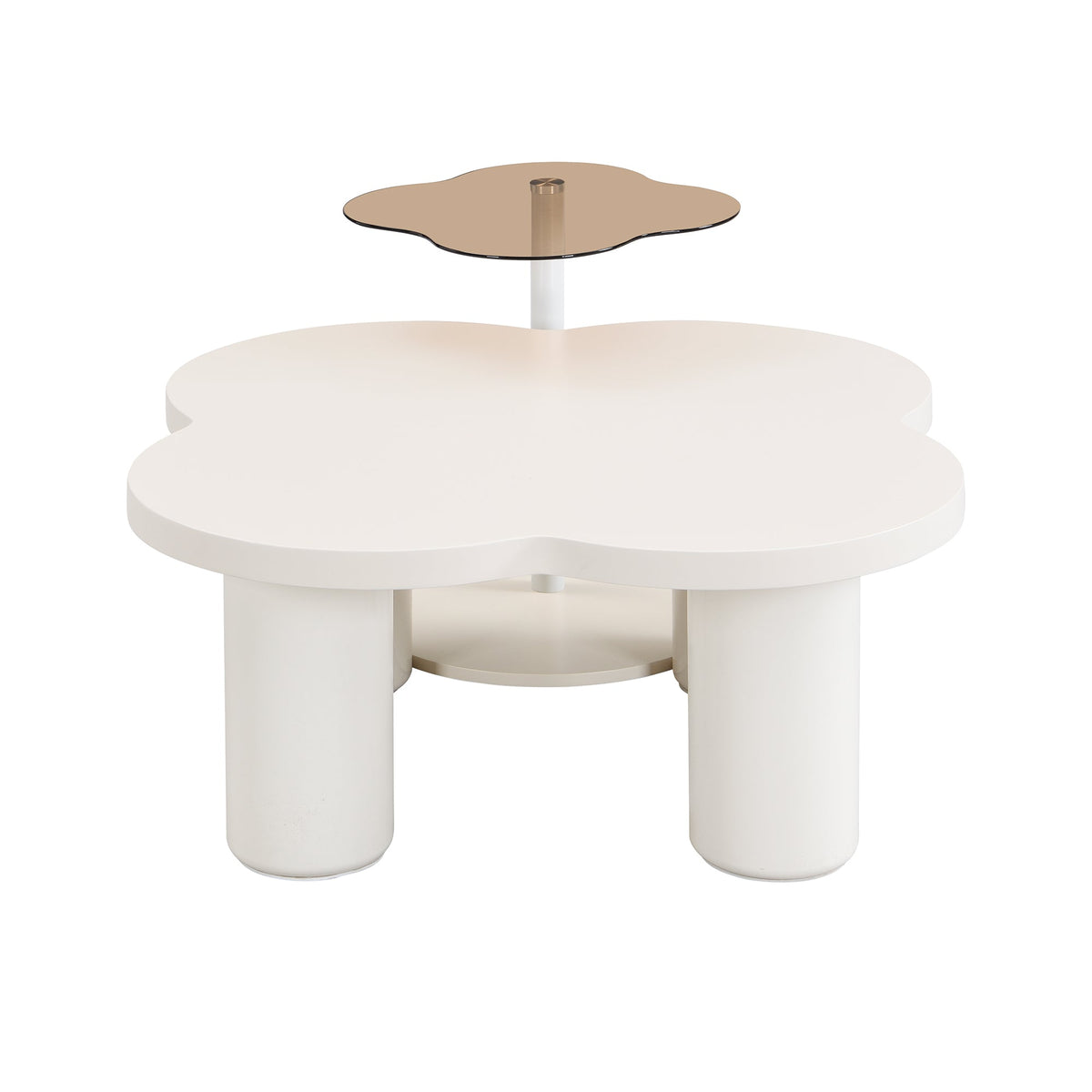 Roomfitters Modern Coffee Table Set of 2 with Irregular Shape and Glass End Table, Roman Column Legs, White Roomfitters