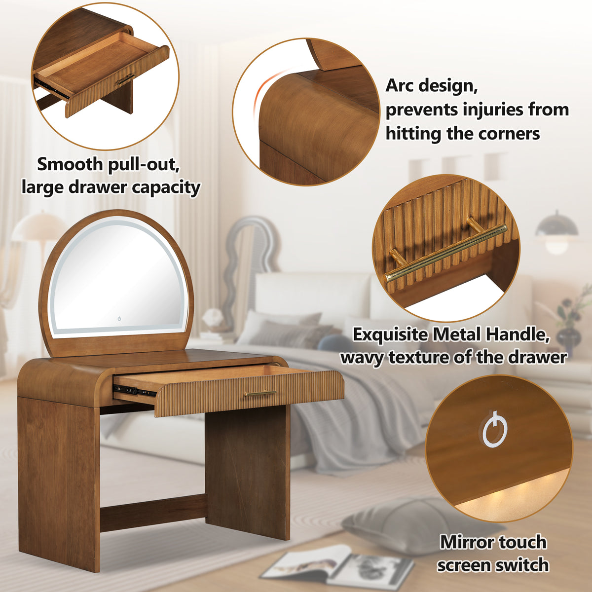 variant-group:rf-n704p196658p|Roomfitters 39-Inch Makeup Vanity Table with Touch Screen Lighted Mirror, Dressing Table with Drawer for Bedroom, Espresso