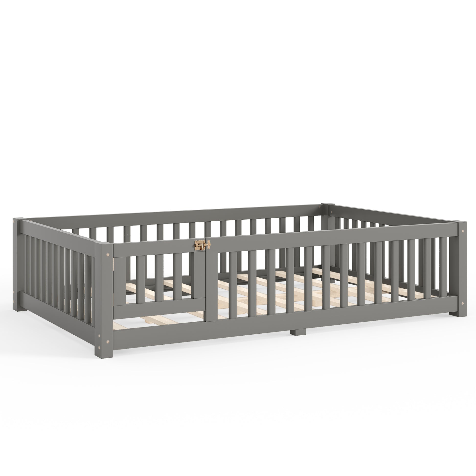 variant-group:rf-w1580p462318|Roomfitters Full Size Wooden Floor Bed Frame with Safety Guardrails Door, Solid Wood Low Profile Toddler Play Bed, Gray