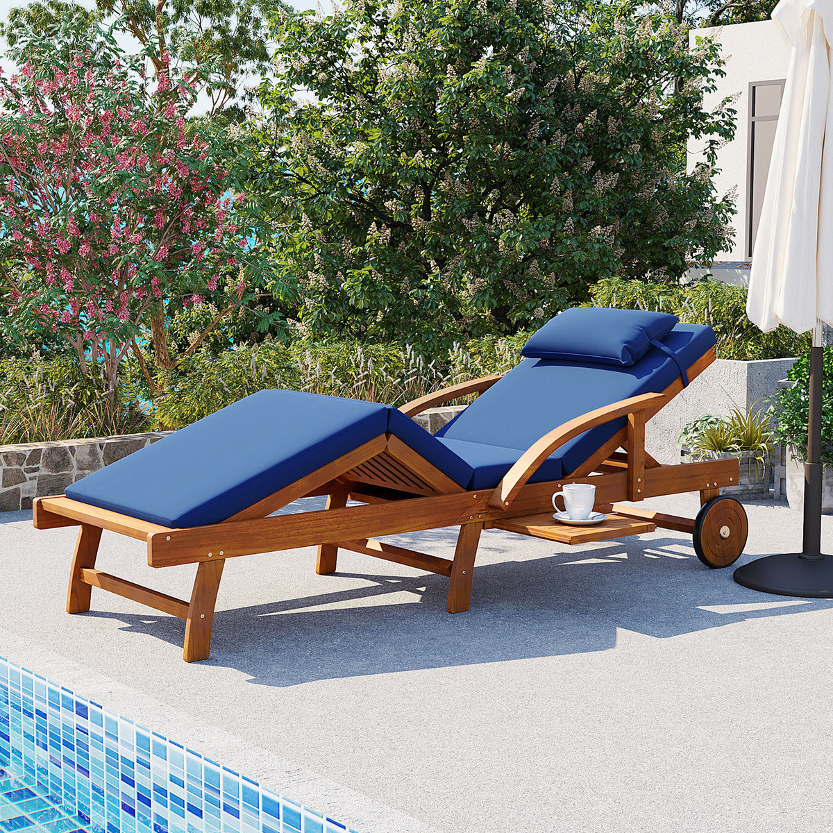 variant-group:rf-n711p415859c|Roomfitters Modern Resort Navy Blue Acacia Wood Outdoor Chaise Lounge Chair, Poolside Recliner, Retractable Tray