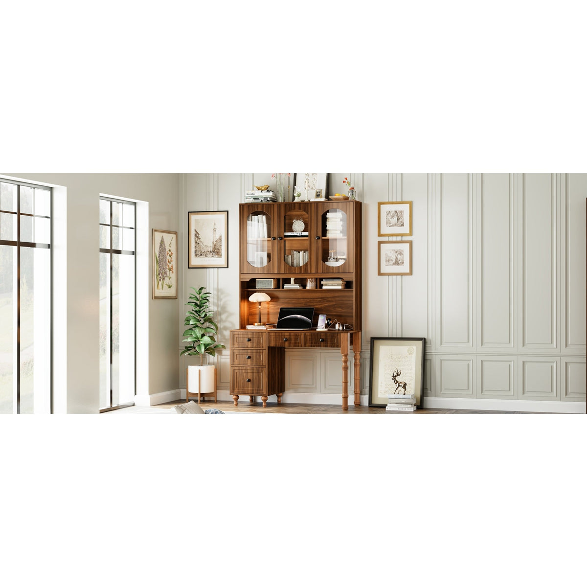 Roomfitters 47'' Retro Desk with Charging Ports and Hutch, Office Desk with 5 Storage Drawers and Glass Bookshelf, Walnut