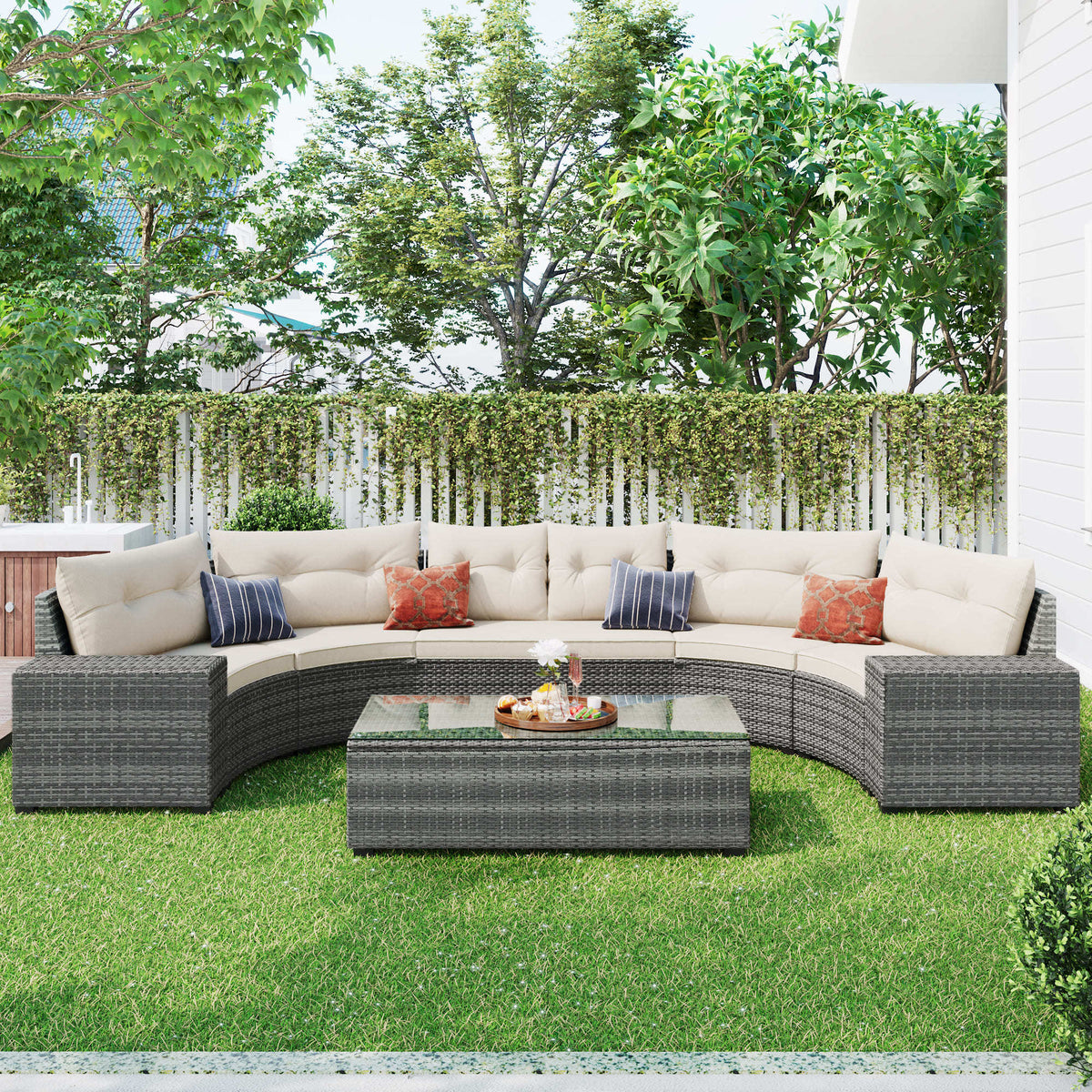 Roomfitters 8-Piece Outdoor Half-Moon Sectional Wicker Round Sofa Set with Tempered Glass Tables Beige Roomfitters