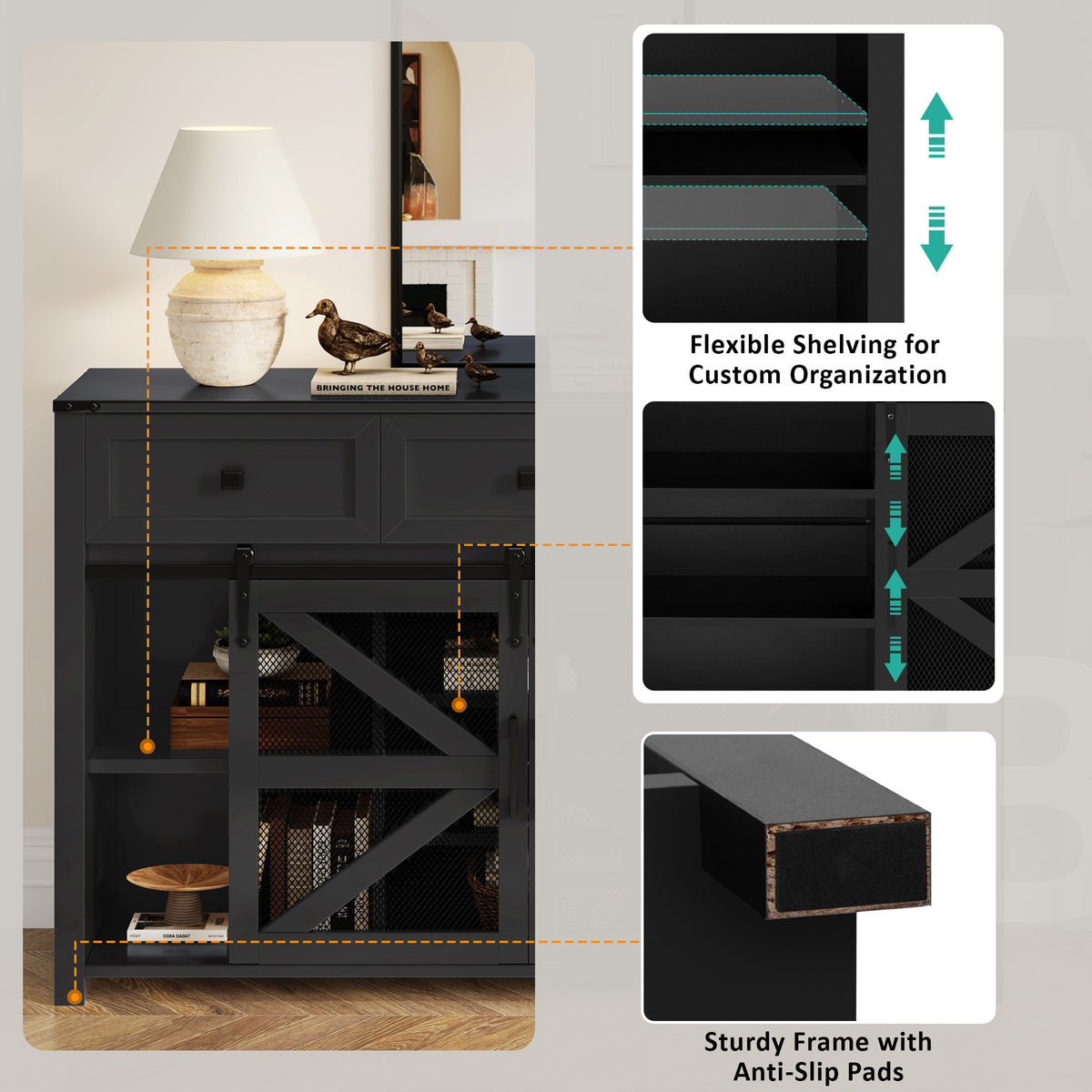 variant-group:rf-n711p347384b|Roomfitters 55" Sideboard Buffet Cabinet with 3 Drawers and Sliding Barn Doors, Farmhouse Storage for Kitchen & Dining, Black