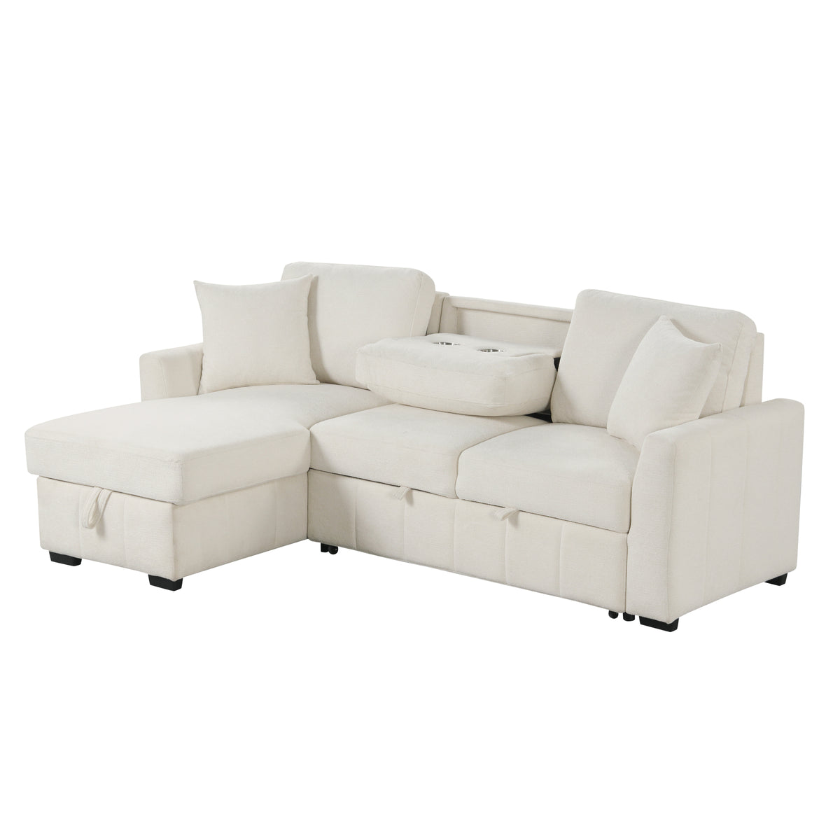 variant-group:rf-n711wy000467aaa|Roomfitters 90" L-Shaped Sectional Sleeper Sofa with Storage Chaise and Pull Out Bed, Fold Down Cup Holder Table, Beige