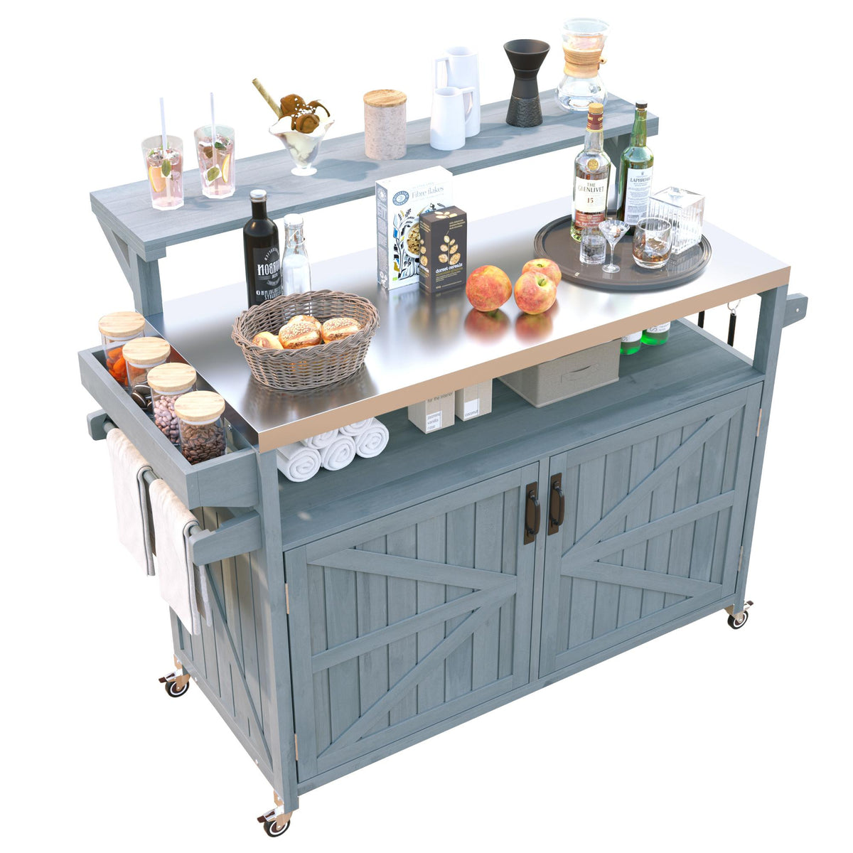 variant-group:rf-n707p250628g|Roomfitters 53.3" Outdoor Kitchen Island with Raised Shelf, Wood Storage Cabinet, Stainless Steel Top, Rolling Grill Cart, Grey Blue