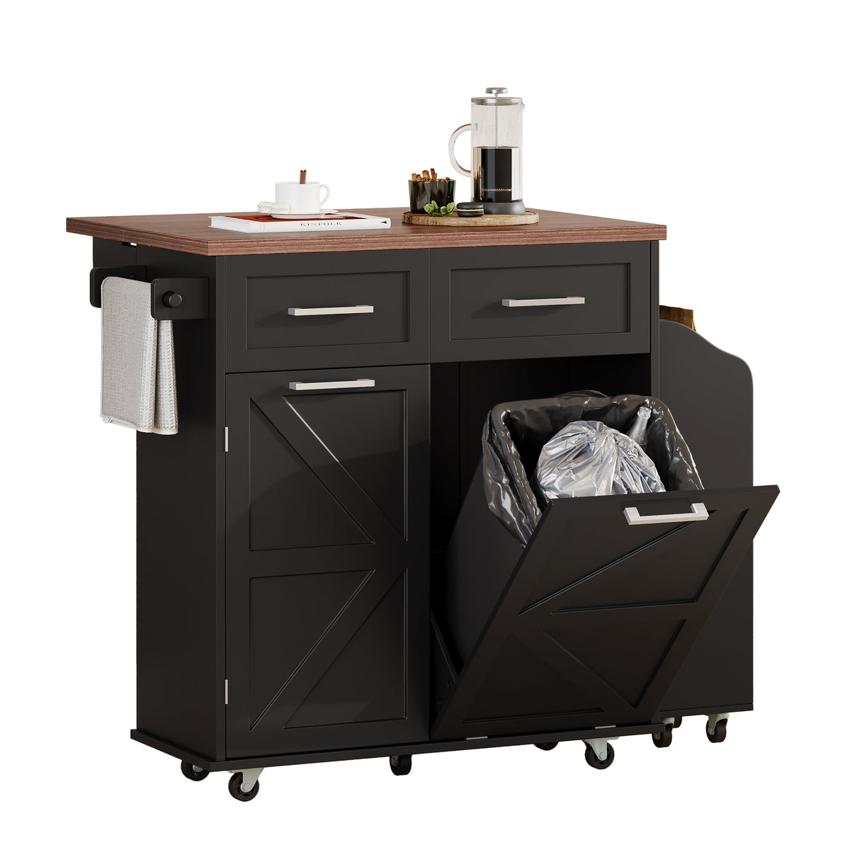 variant-group:rf-n707p307296b|Roomfitters 47.2" Farmhouse Kitchen Island with Drop Leaf, Tilt Trash Can Cabinet, Removable Mobile Side Racks, Black