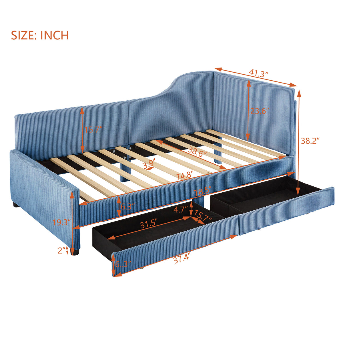 variant-group:rf-n733p171470c|Roomfitters Twin Size L-Shaped Corduroy Daybed, Upholstered Platform Bed Frame with 2 Spacious Storage Drawers for Functional Elegance, Blue