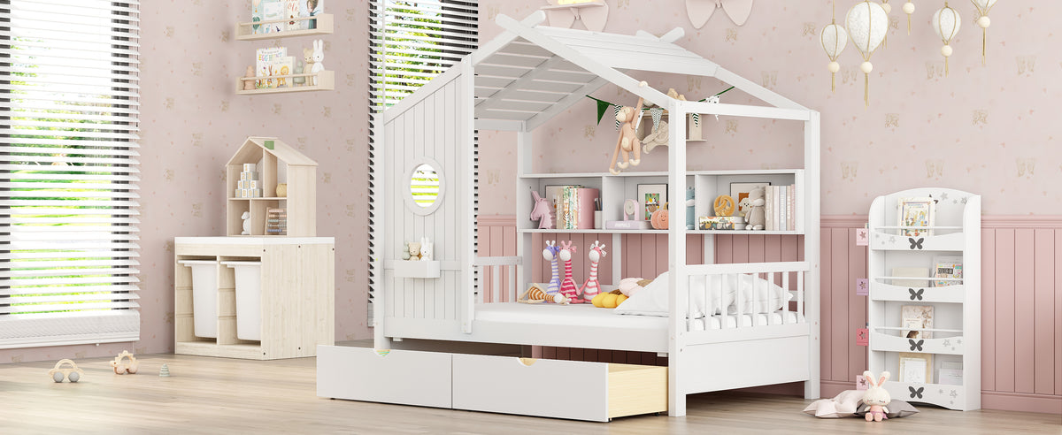 variant-group:rf-n733s308483k|Roomfitters Wooden Twin Size House Bed with 2 Drawers and Storage Shelf, White