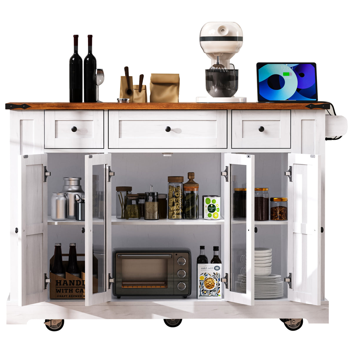 variant-group:rf-n707p263637w|Roomfitters 53" Rolling Kitchen Island with Drop Leaf, Mobile Cart with Glass Doors, 5 Side Shelves & Power Outlets, White