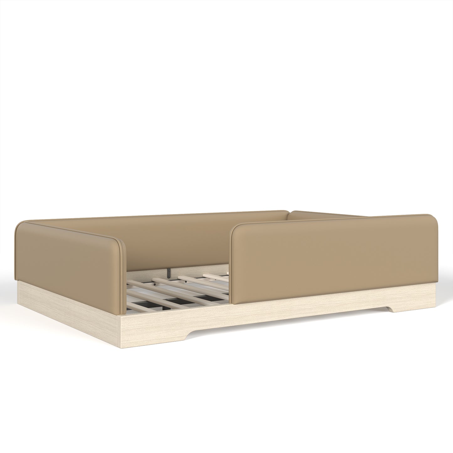 variant-group:rf-w1580s00670|Roomfitters Full Size Upholstered Floor Bed Frame with Removable Guardrails, Faux Leather Low Profile Platform, Brown