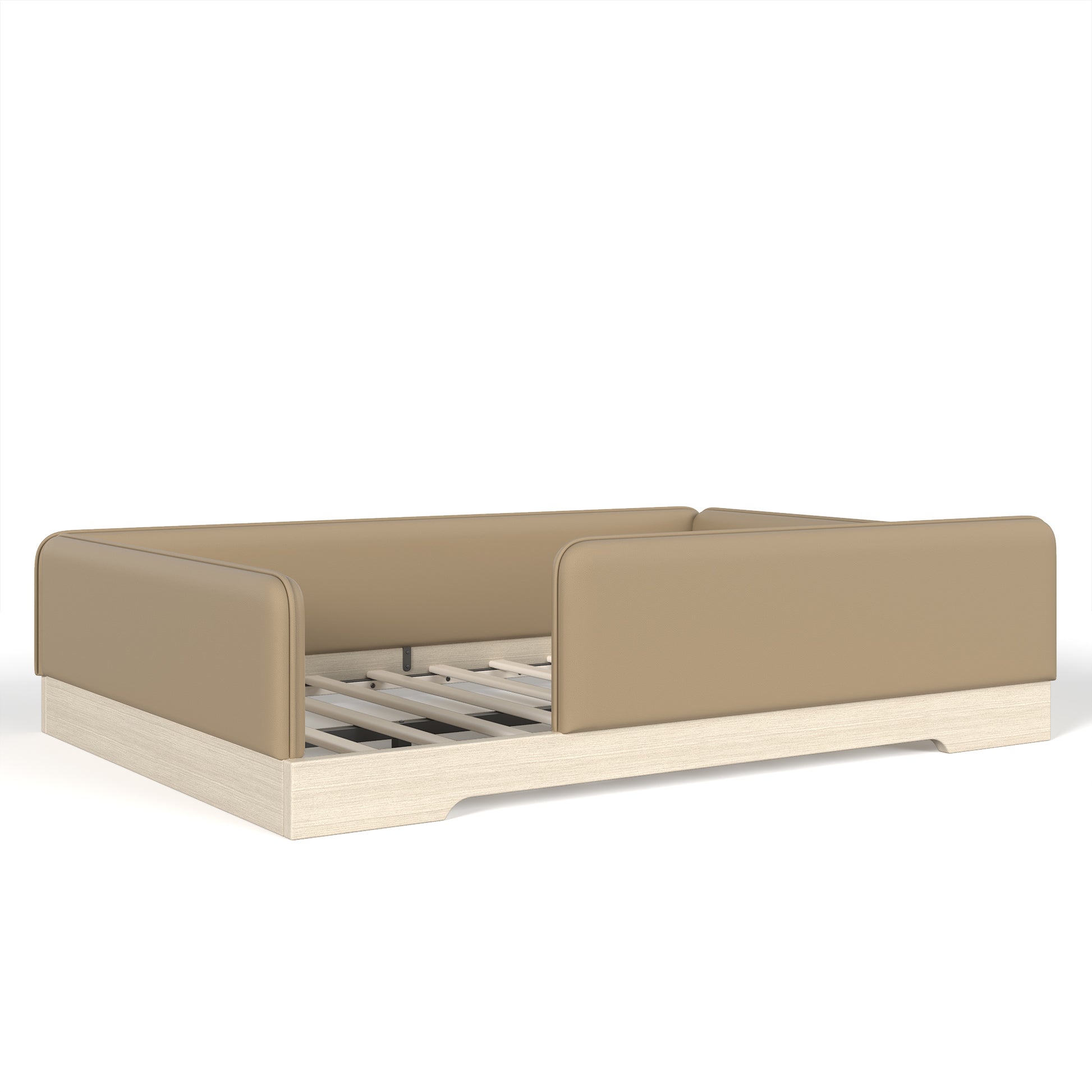 variant-group:rf-w1580s00670|Roomfitters Full Size Upholstered Floor Bed Frame with Removable Guardrails, Faux Leather Low Profile Platform, Brown