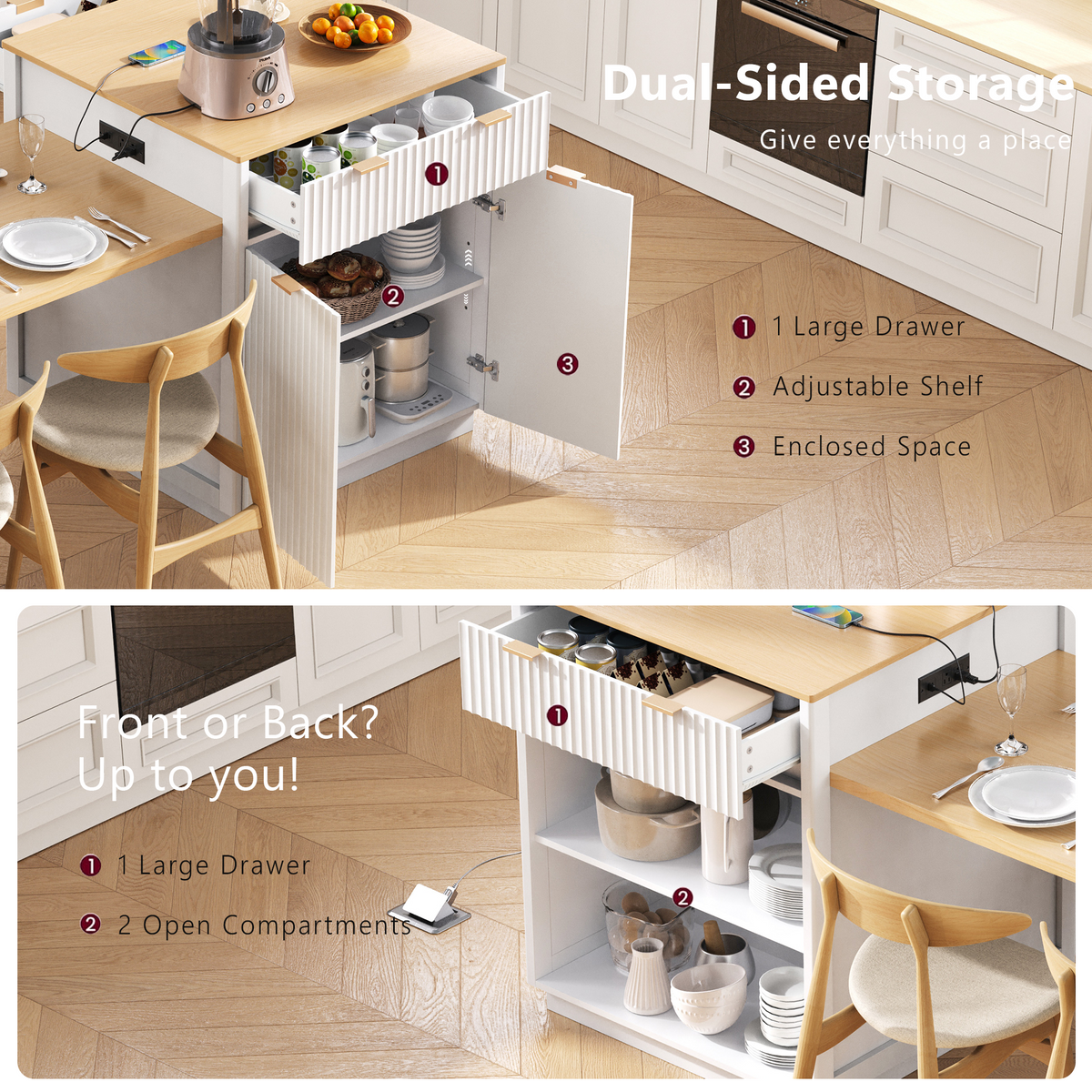 variant-group:rf-n707s000018w|Roomfitters 82.6" Fluted Kitchen Island with 51" Extendable Dining Table for 4-6, Power Outlet, White