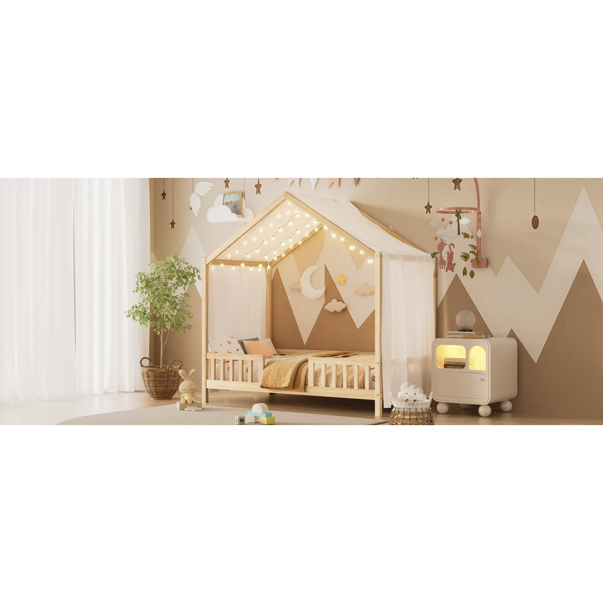 variant-group:rf-n733p356043m|Roomfitters Twin Montessori Floor Bed with Canopy, House Shape Wood Frame with Safety Rails, Youth Platform Bed, Natural