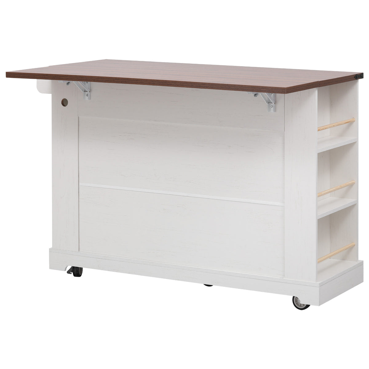 variant-group:rf-n707p263637w|Roomfitters 53" Rolling Kitchen Island with Drop Leaf, Mobile Cart with Glass Doors, 5 Side Shelves & Power Outlets, White