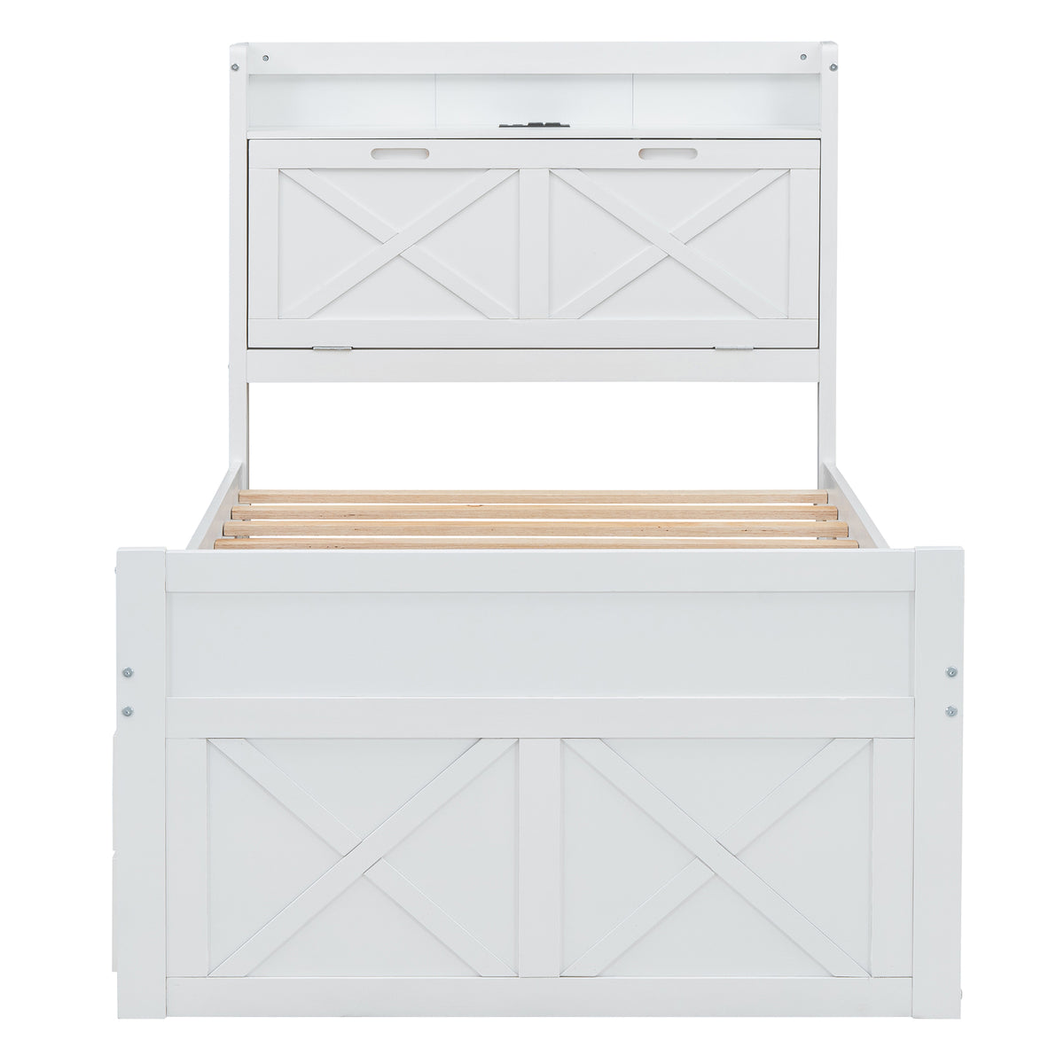 variant-group:rf-n733s172839k|Roomfitters Twin Size Wooden Bed with Storage Headboard, Functional Outlets, Extendable Frame with Twin Trundle and Smart Storage, White
