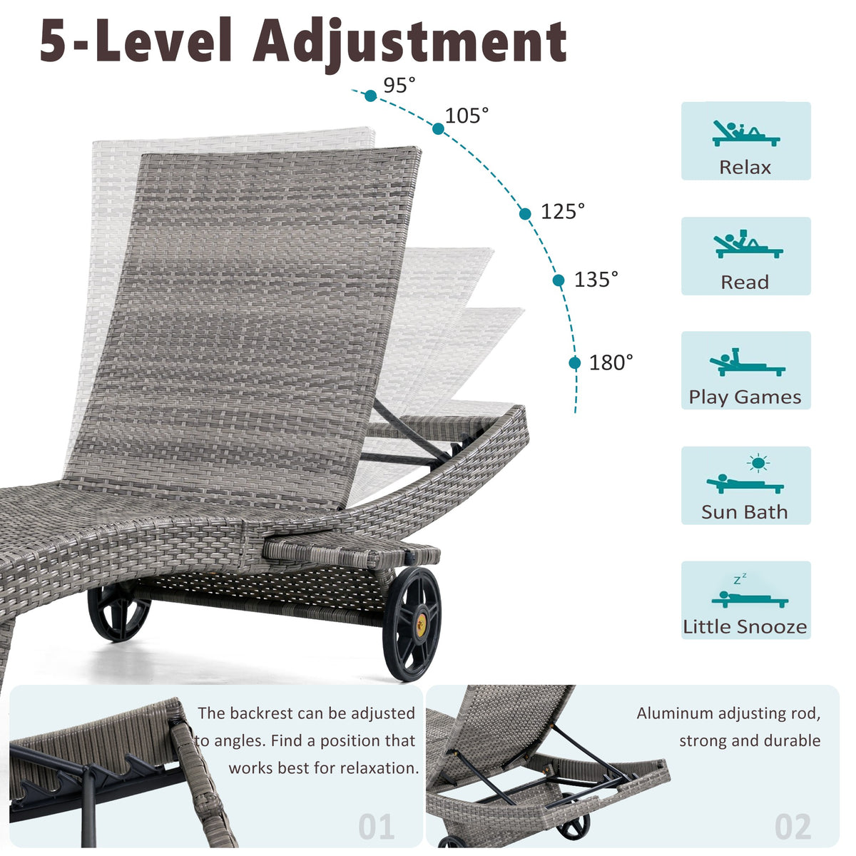 variant-group:rf-n707p395515e|Roomfitters 80"W Patio Chaise Lounge Chairs Set of 2 with Wheels, Folding Table, Adjustable Rattan Loungers, Grey