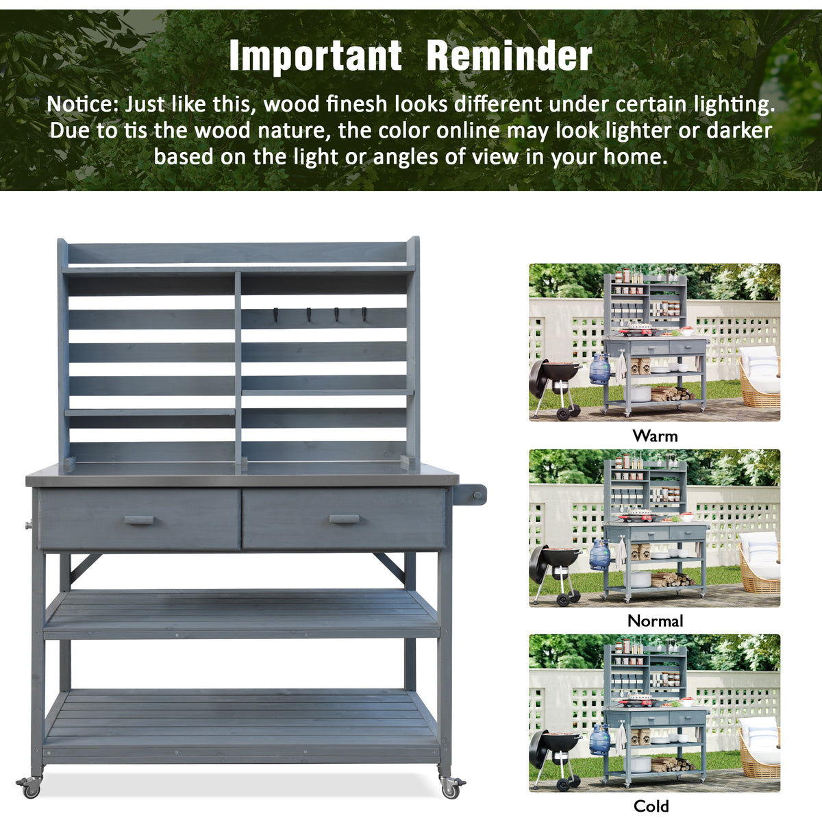 variant-group:rf-n707p228274g|Roomfitters 64.9" Outdoor Potting Bench Table, Rolling Kitchen Island with Hutch, Stainless Steel Top, Storage, Grey Blue
