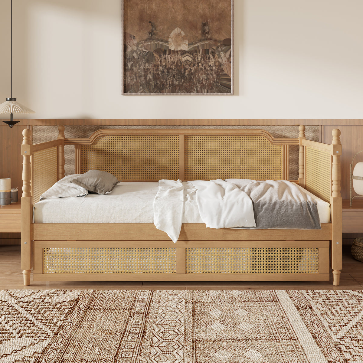 variant-group:rf-n701bs701p415494d|Roomfitters Full Size Traditional Rattan Daybed Frame with 2 Storage Drawers, French Country Wood Bed, No Box Spring, Walnut