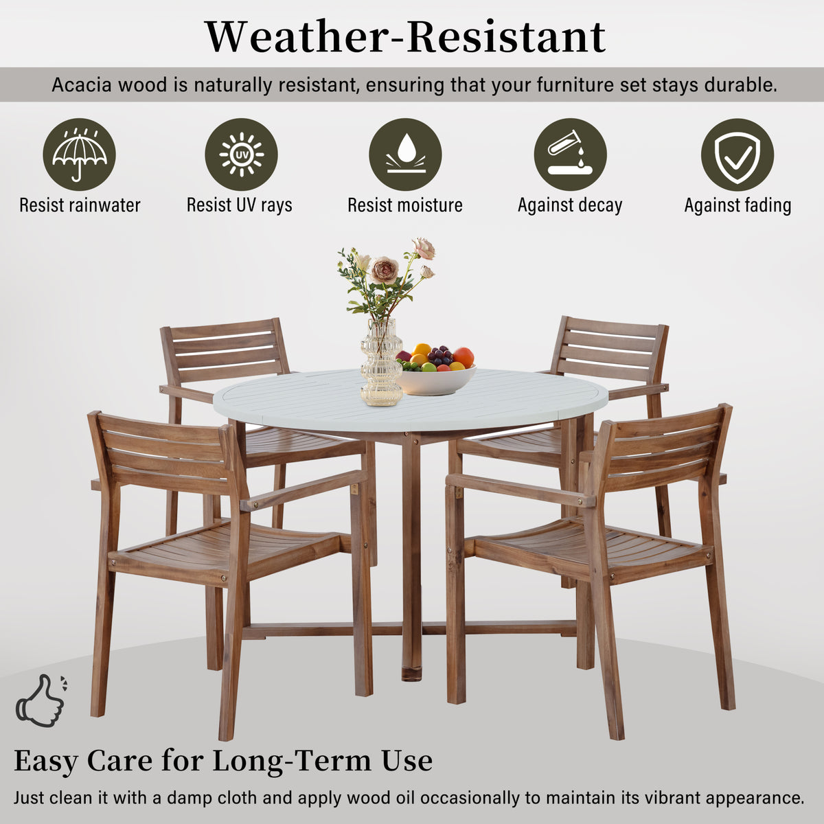 variant-group:rf-n711wy000475aad|Roomfitters 5-Piece Outdoor Dining Set for 4, 47.2-Inch Round Acacia Wood Table, Light Grey Slatted Patio Group