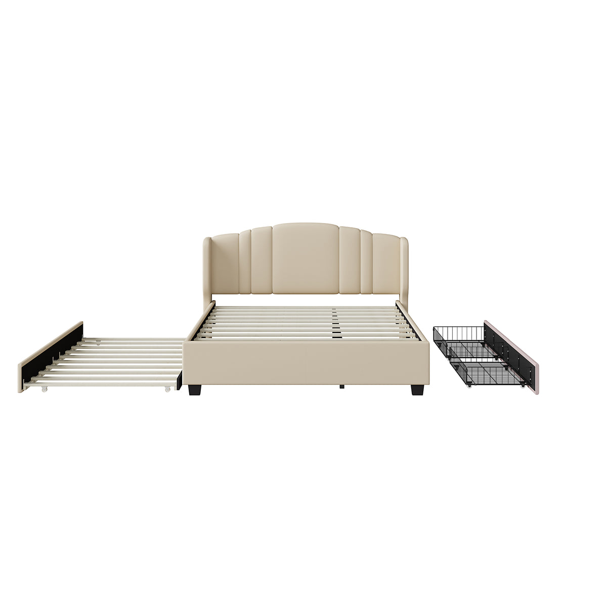 variant-group:rf-n733s208132a|Roomfitters Twin Size Trundle Upholstered Platform Bed with Wingback Headboard and 2 Drawers, No Box Spring Needed, Linen Fabric, Queen Size, Beige
