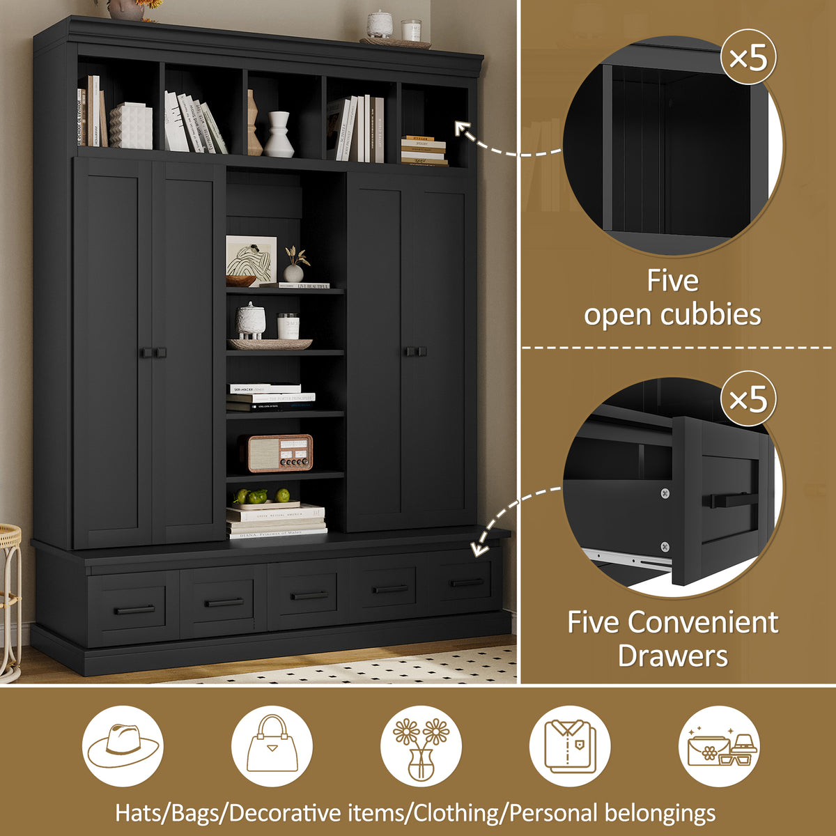 variant-group:rf-n724sj000139aab|Roomfitters 78.7" Hall Tree with Bench, 5 Cubbies, 4 Doors, 5 Drawers, Adjustable Shelves, Black