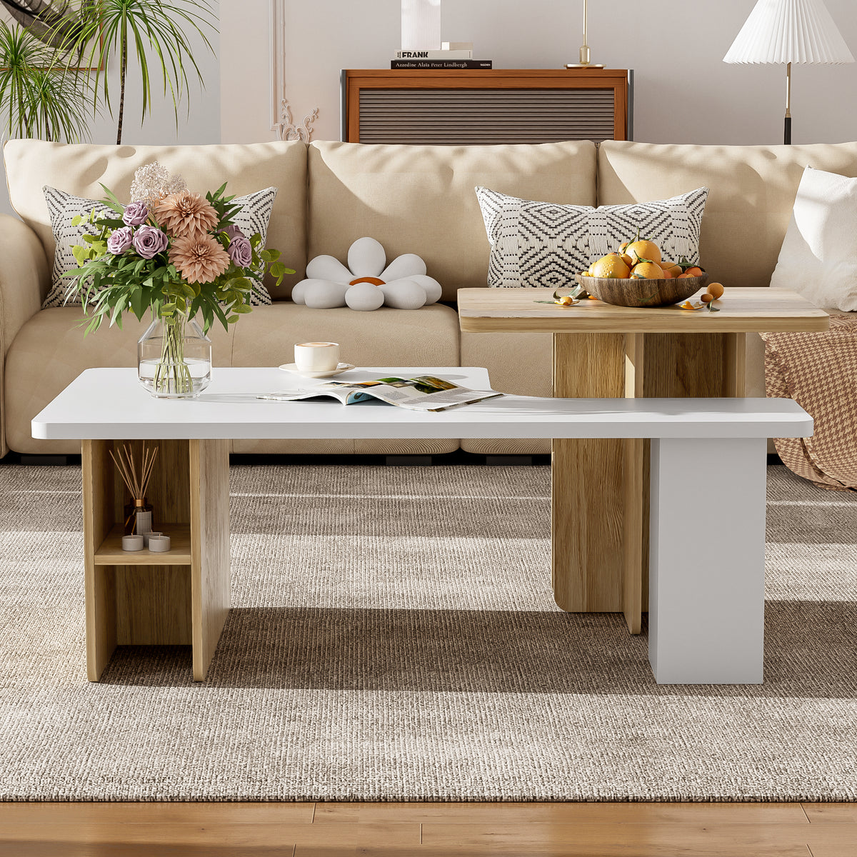 variant-group:rf-n724p294661k|Roomfitters Farmhouse Nesting Coffee Table Set of 2, Rectangle Wood Finish Accent Tables for Living Room and Sofa Side, White