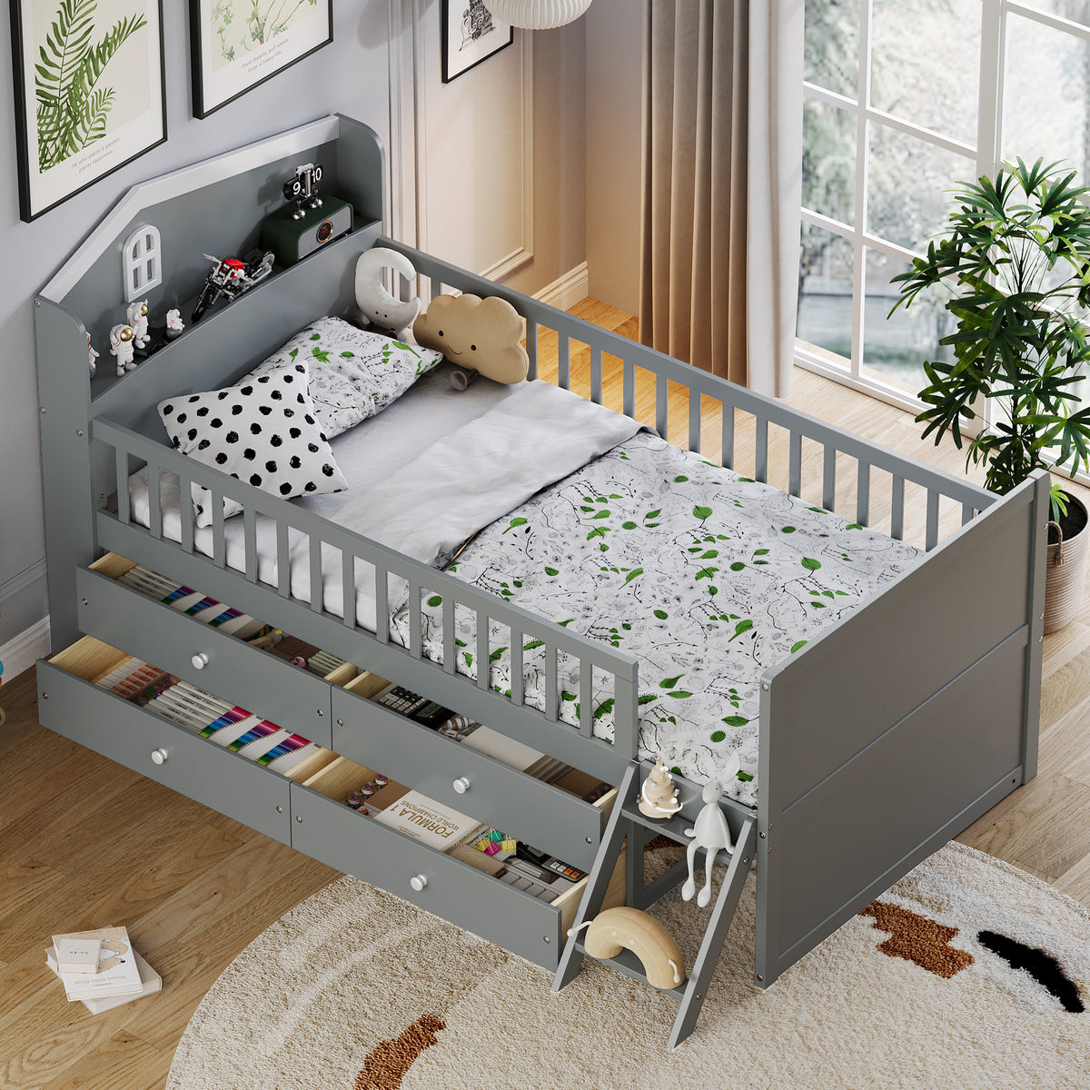 variant-group:rf-n733s278032e|Roomfitters Twin Platform Bed Frame with Four Drawers, Wooden Kids Bed with Guardrail Headboard and Ladder, Gray
