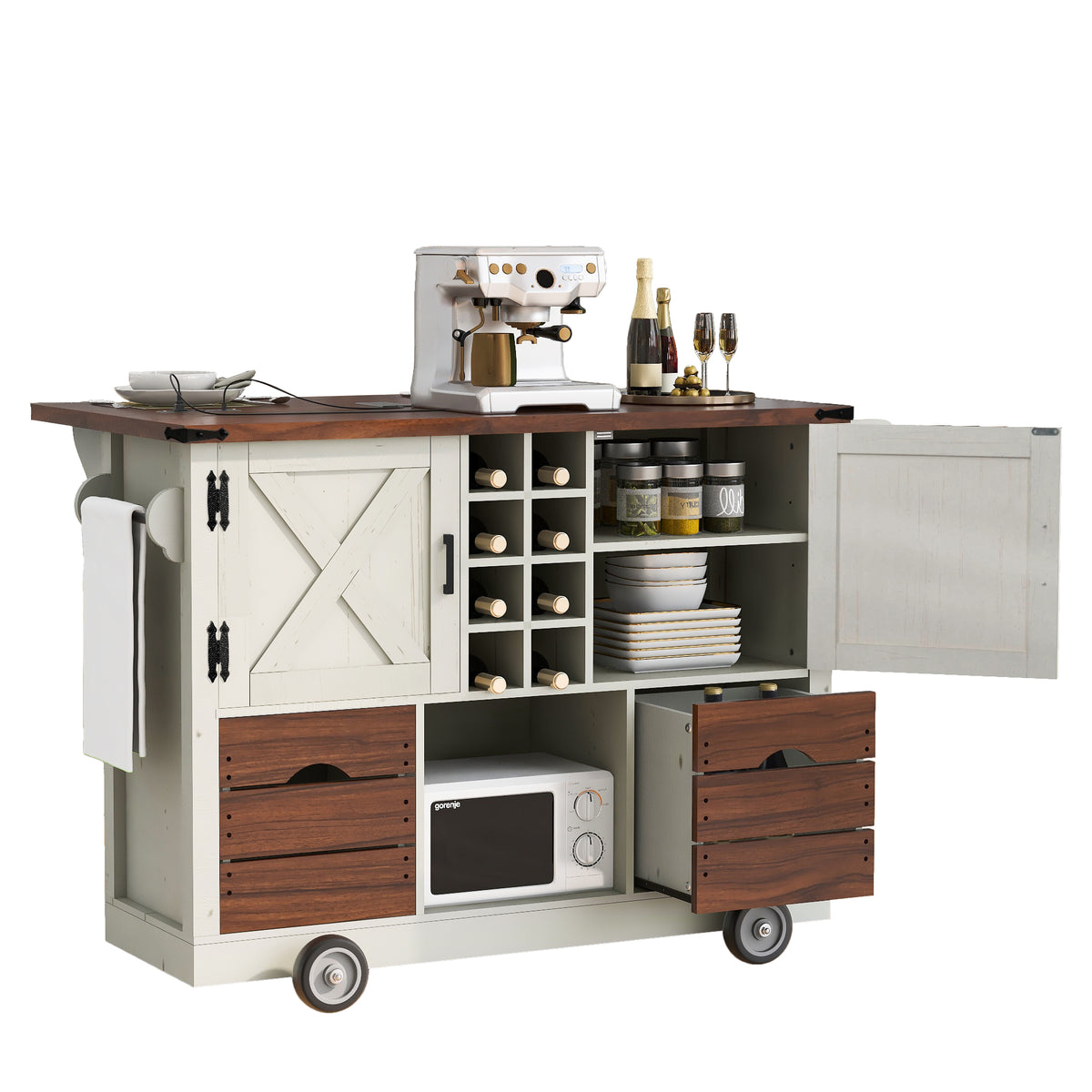 variant-group:rf-n707p349814w|Roomfitters 54" Farmhouse Kitchen Island with Drop Leaf, Power Outlet, Wine Rack, 2 Drawers, 2 Doors, White
