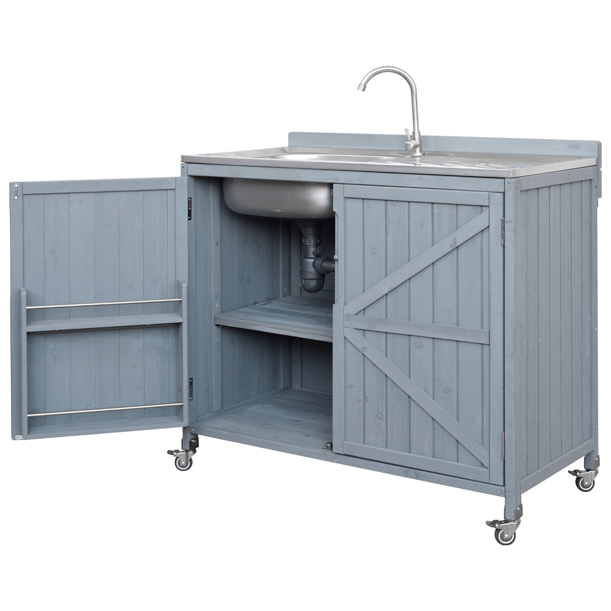 variant-group:rf-n707p370281g|Roomfitters 39.4" Outdoor Grill Cart with Stainless Steel Top, Prep Station with Sink and Storage Cabinet, Grey+Blue